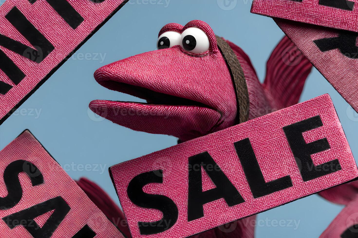 Red Puppet Fish Surrounded by Sale Signs Big Eyes Discount Offer photo