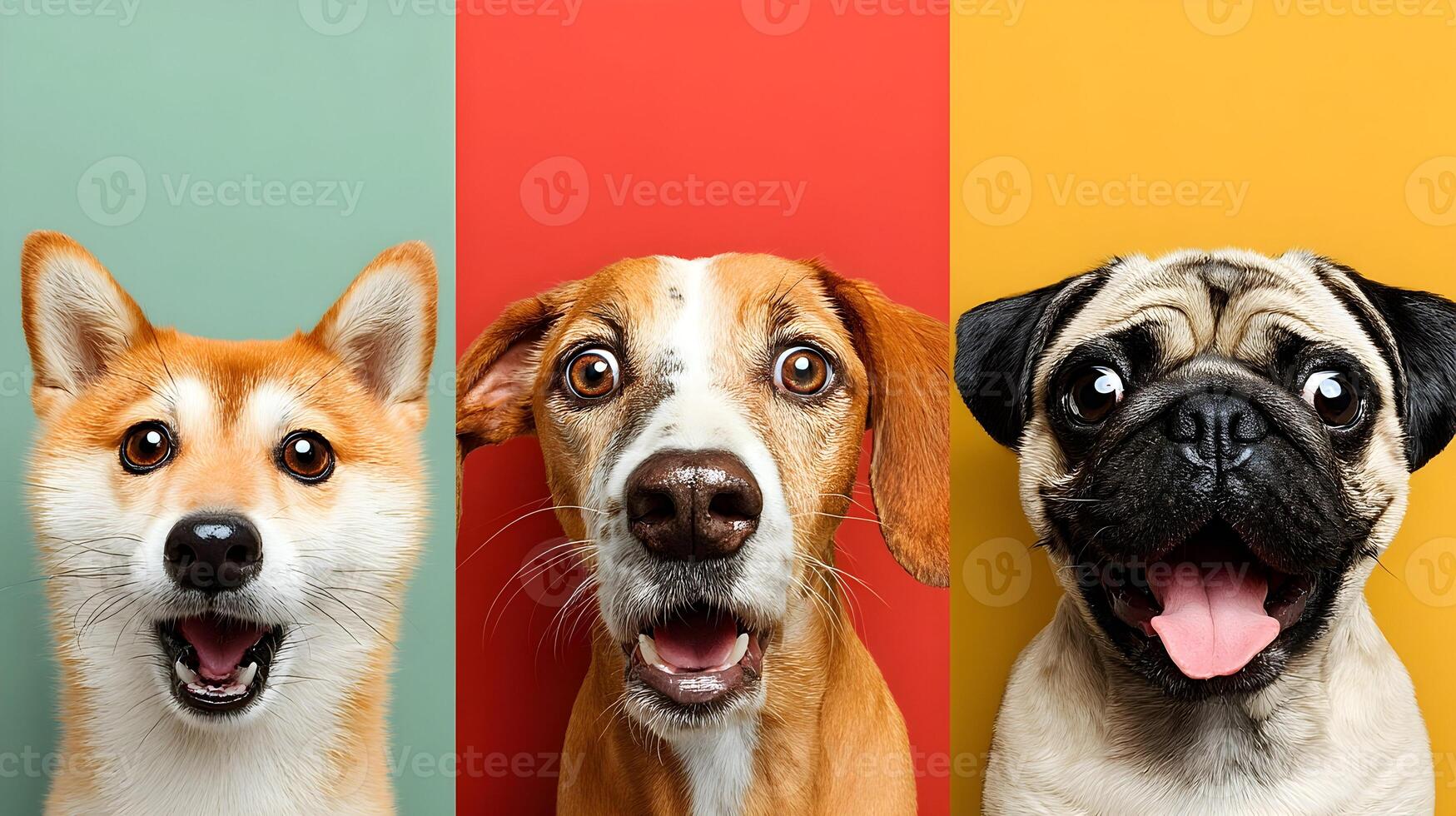 Three Dogs Shiba Inu Beagle Pug Colorful Backgrounds Happy Expressions photo
