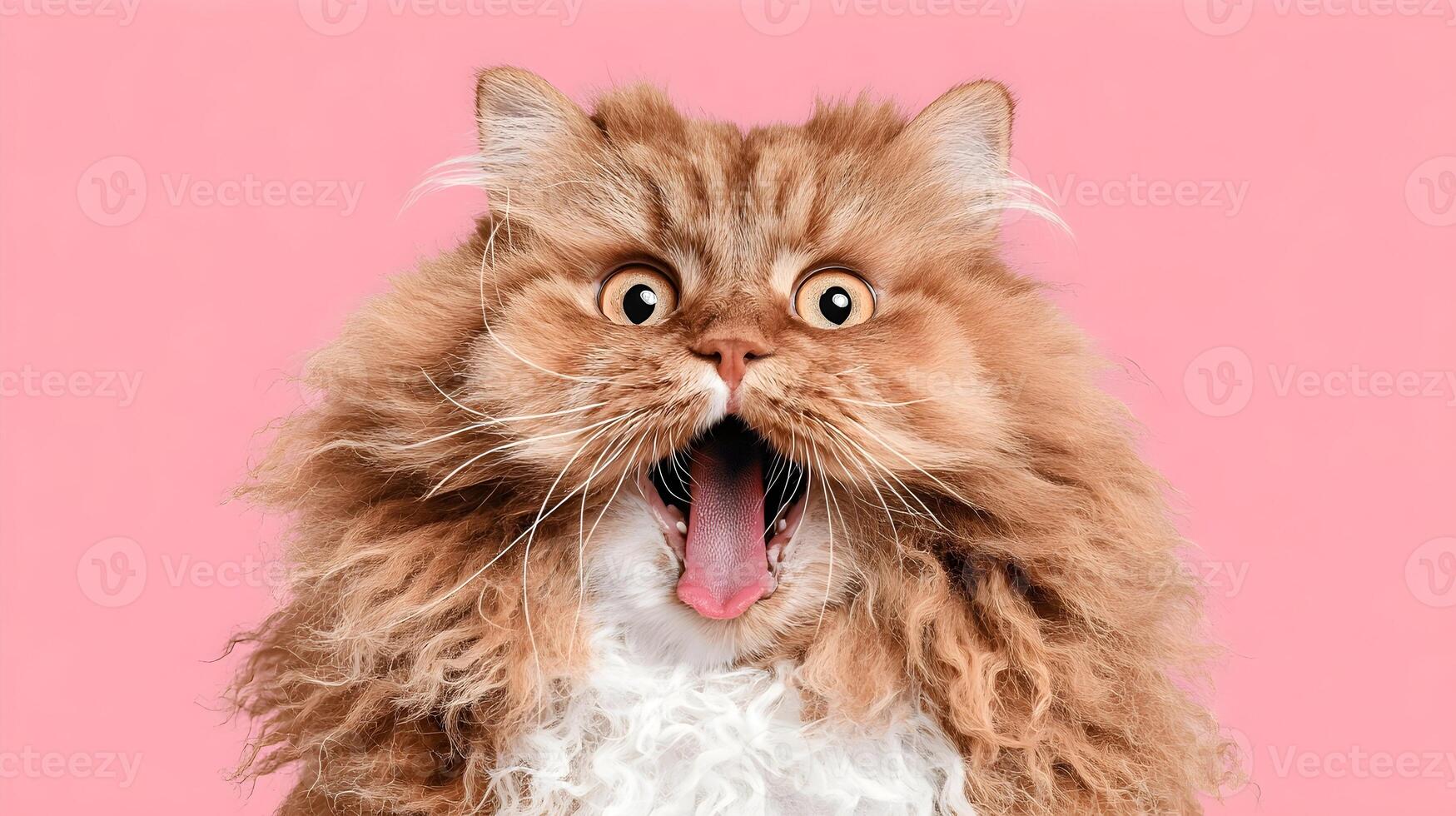 Fluffy Longhaired Ginger Cat Yawning Pink Background Pet Animal photo