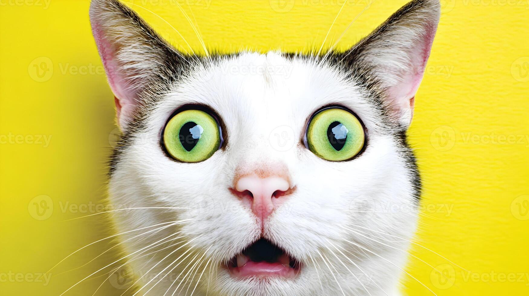 Surprised White Cat with Big Green Eyes Yellow Background Pet Animal photo