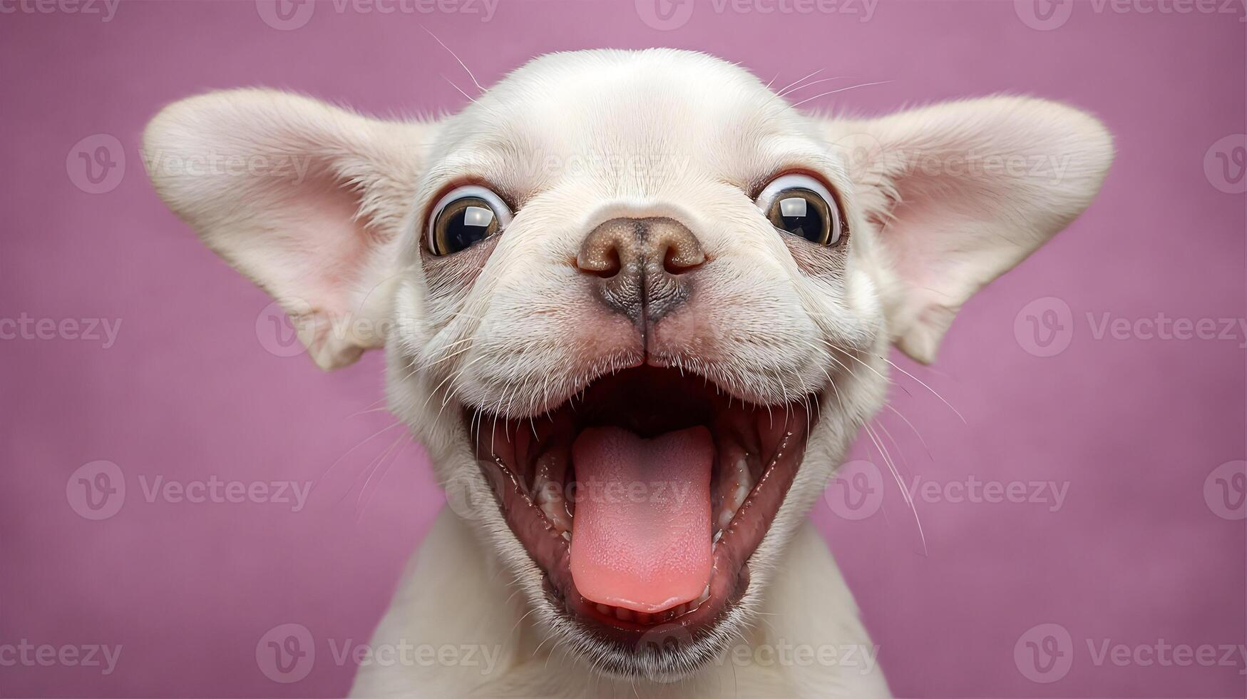 Adorable White Puppy with Big Ears Open Mouth Pink Background photo