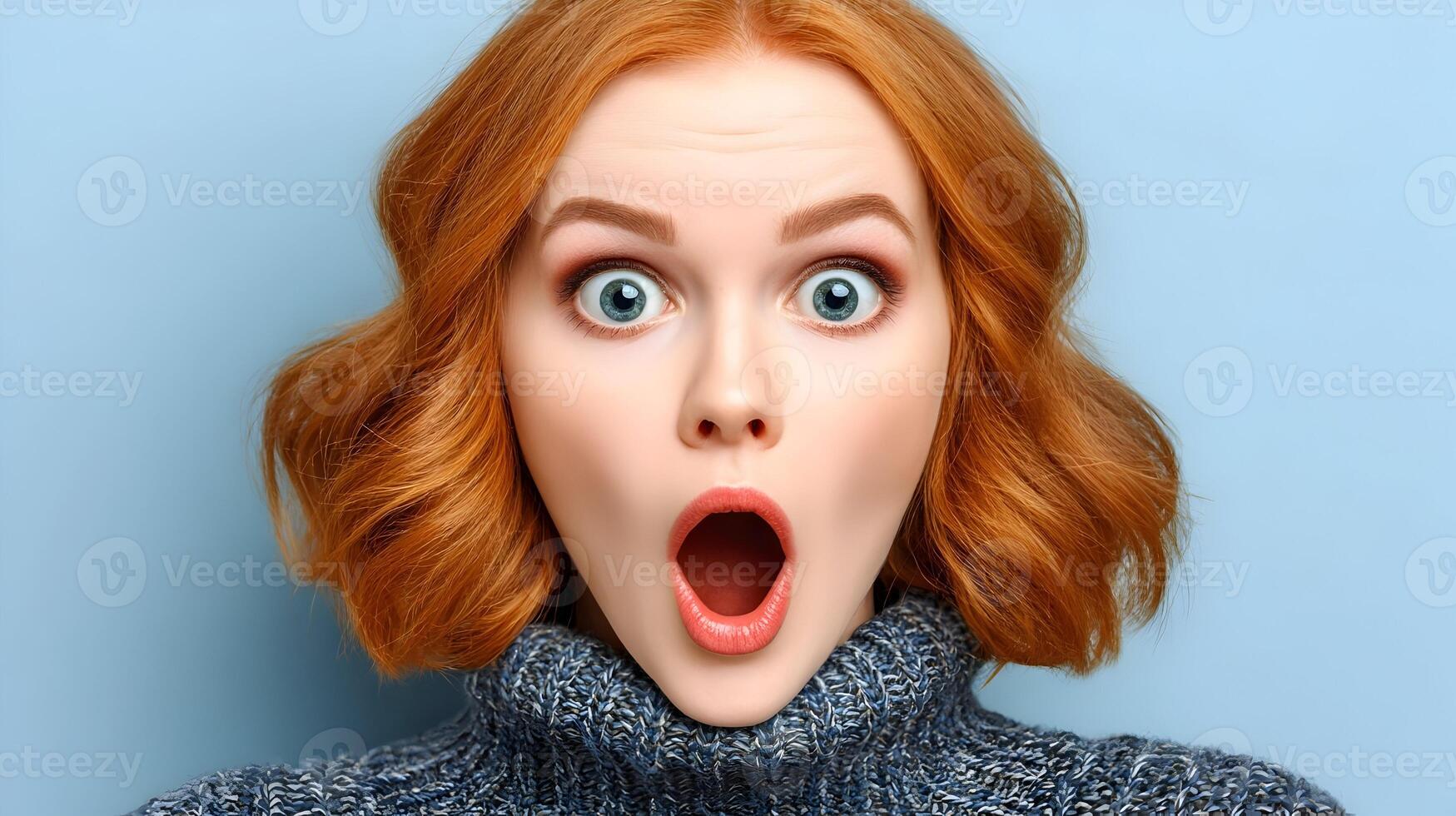 Surprised Young Woman with Red Hair Open Mouth Blue Background photo