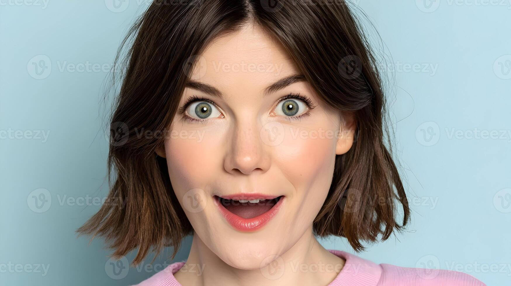 Surprised Young Woman with Brown Bob Haircut and Wide Open Eyes Light Pink Sweater photo