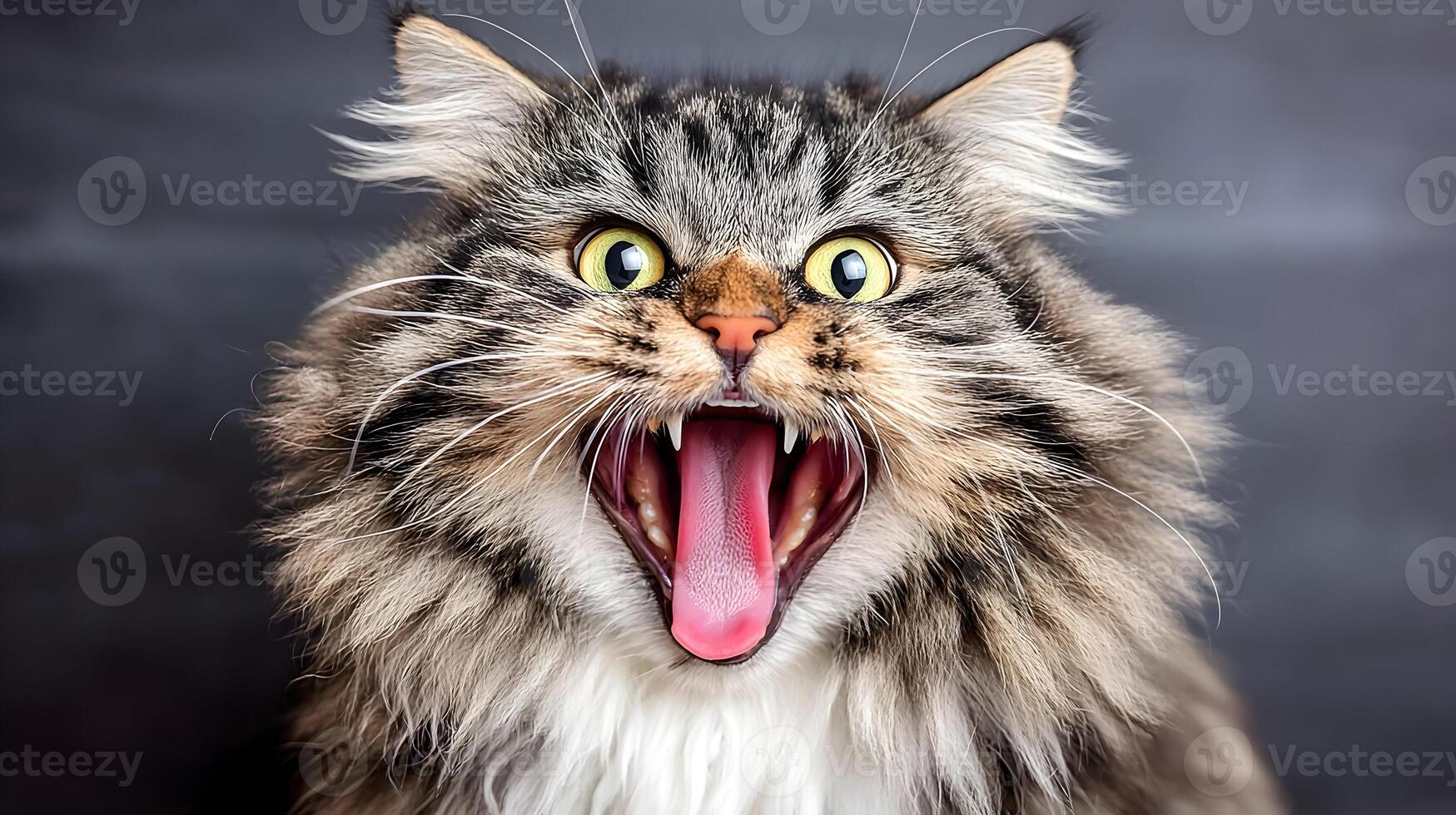 Longhaired Tabby Cat Yawning Wide Open Mouth Showing Teeth and Pink Tongue Close Up photo