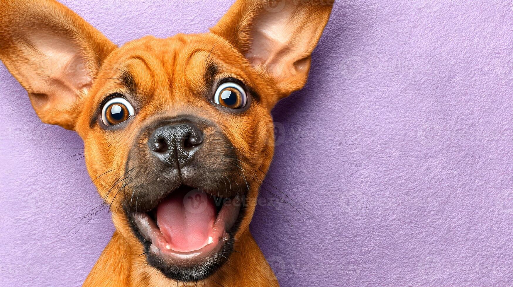 Cute Brown Puppy with Big Eyes and Open Mouth on Purple Background photo