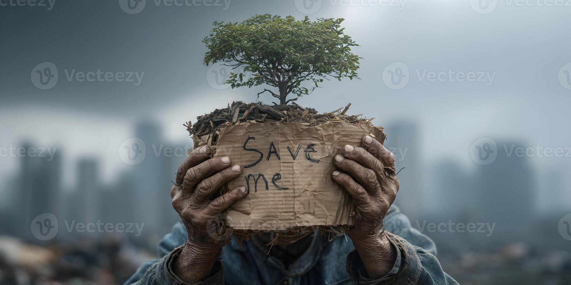 Save Me Environmental Concept Image Person Holding Small Tree in Cardboard Box with City Background photo