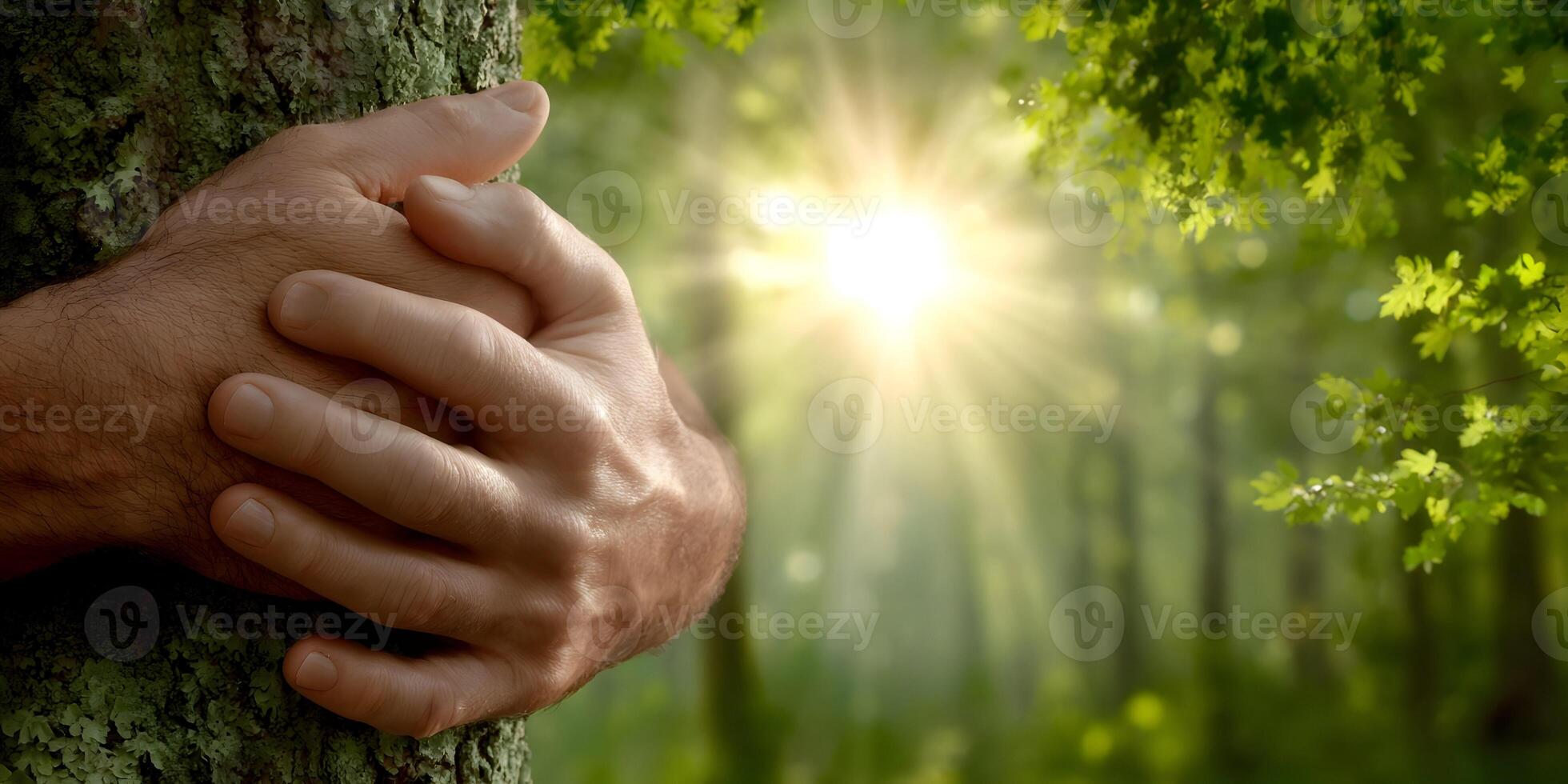 Mans Hands Clasped Around Tree Trunk in Forest Sunlight photo