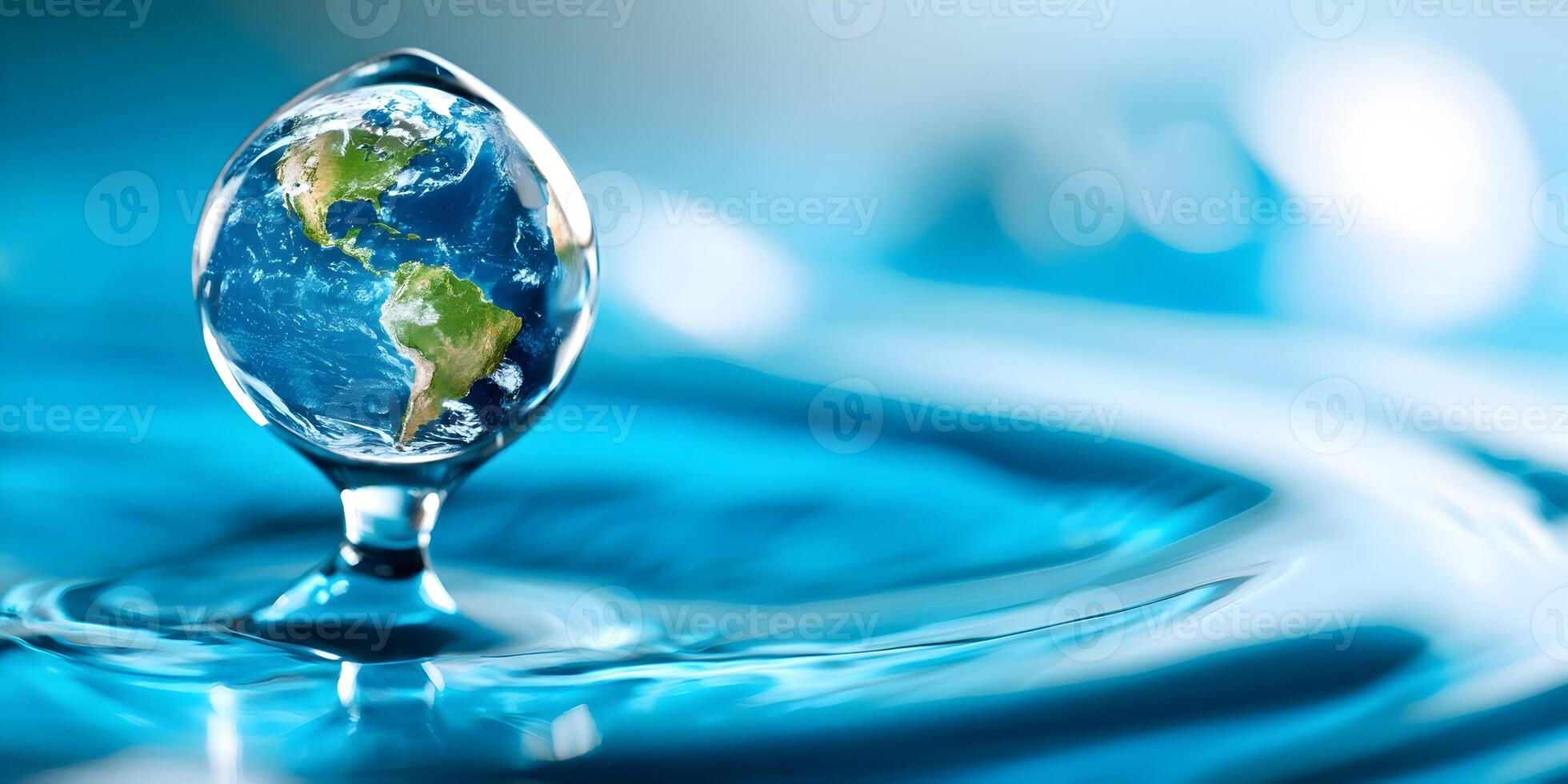 Earth Globe Water Drop Ripples Blue Background Image photo
