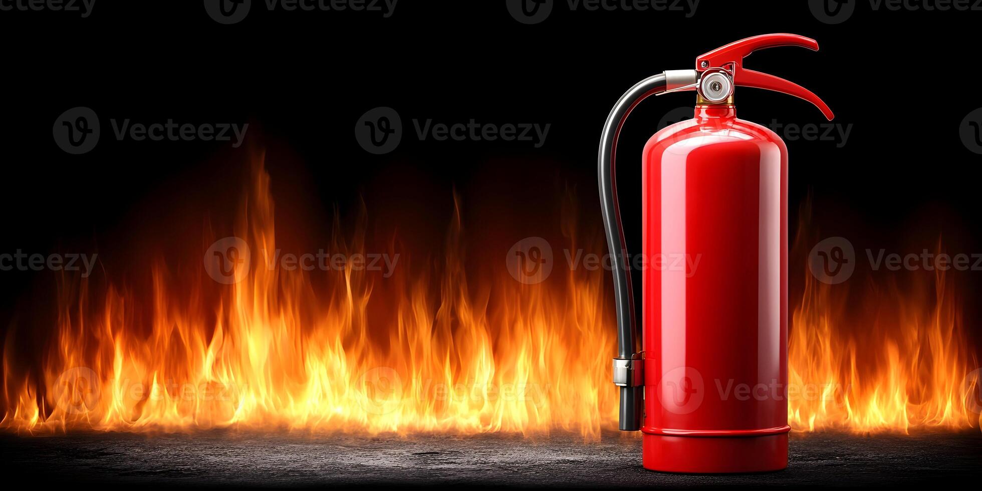 Red Fire Extinguisher Against Fiery Background Fire Safety Equipment Image photo