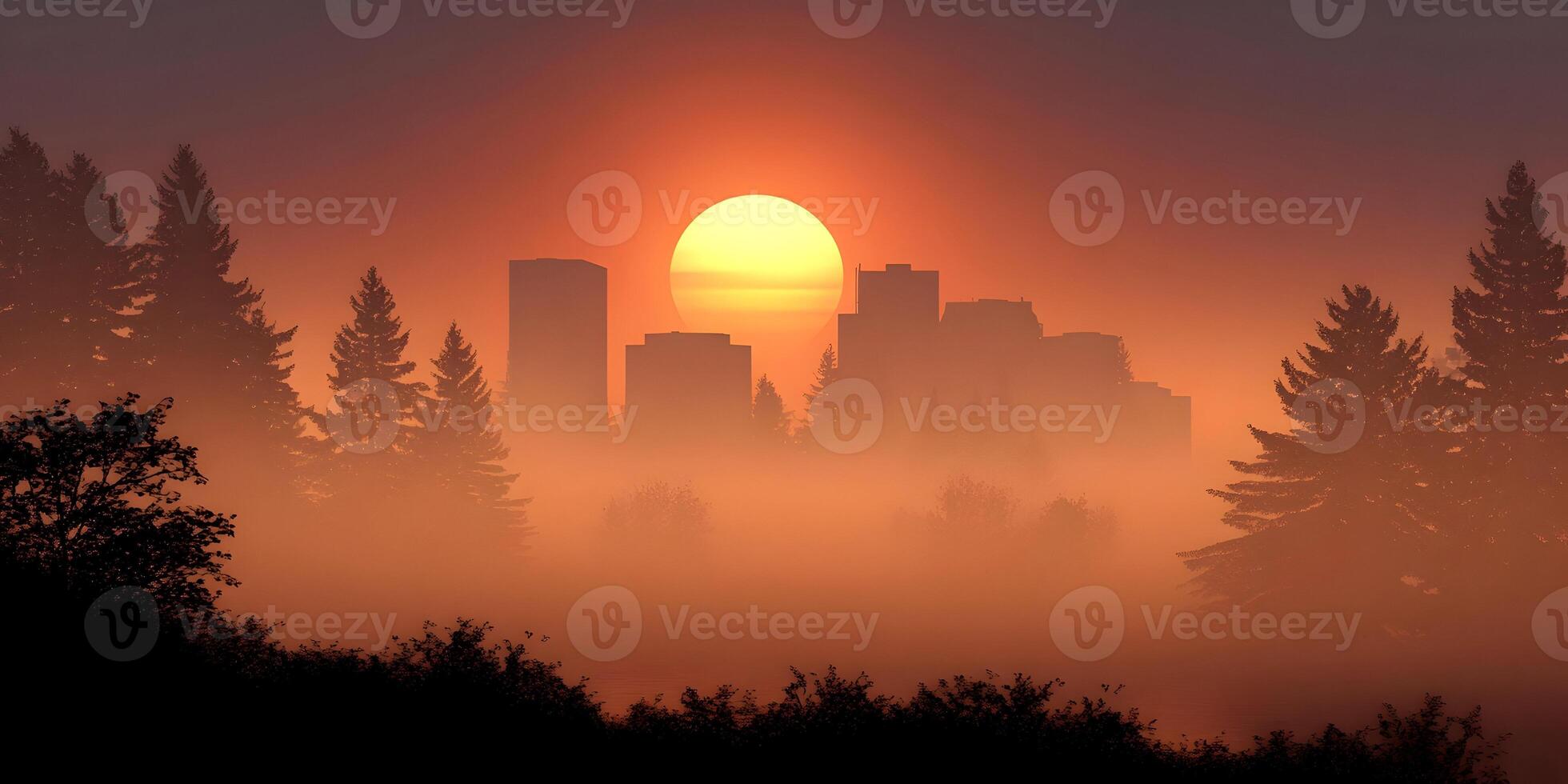 Cityscape Sunrise Foggy Morning City Buildings Trees Landscape photo