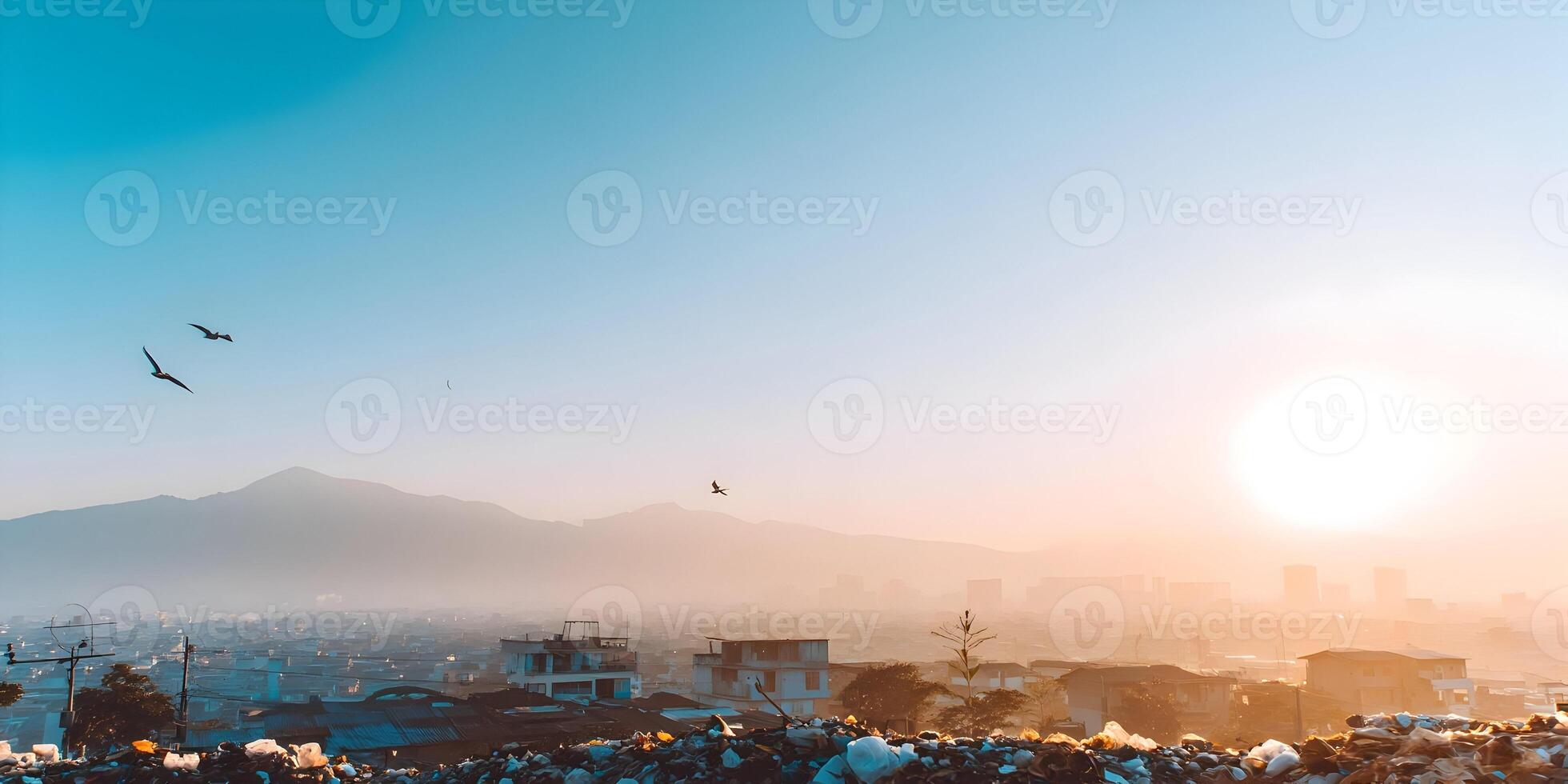 Sunrise over Cityscape with Garbage Pile and Birds in Flight photo