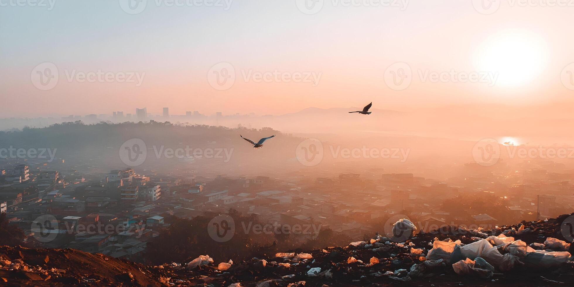 Sunrise over Cityscape with Birds Flying near Landfill photo