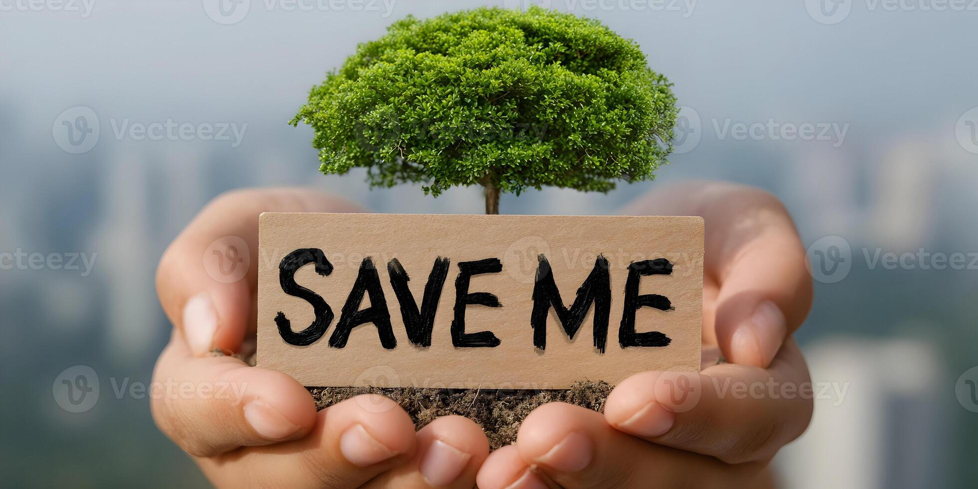 Hands Holding Small Tree with Save Me Sign Environmental Conservation photo