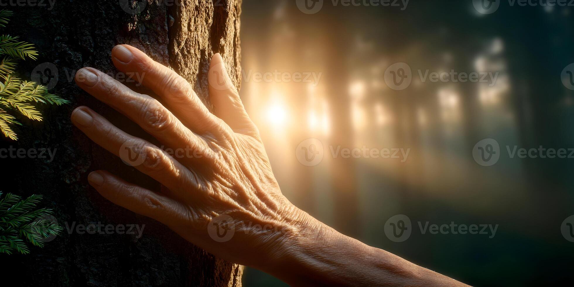 Elderly Hand Touching Tree Bark in Forest Sunlight photo