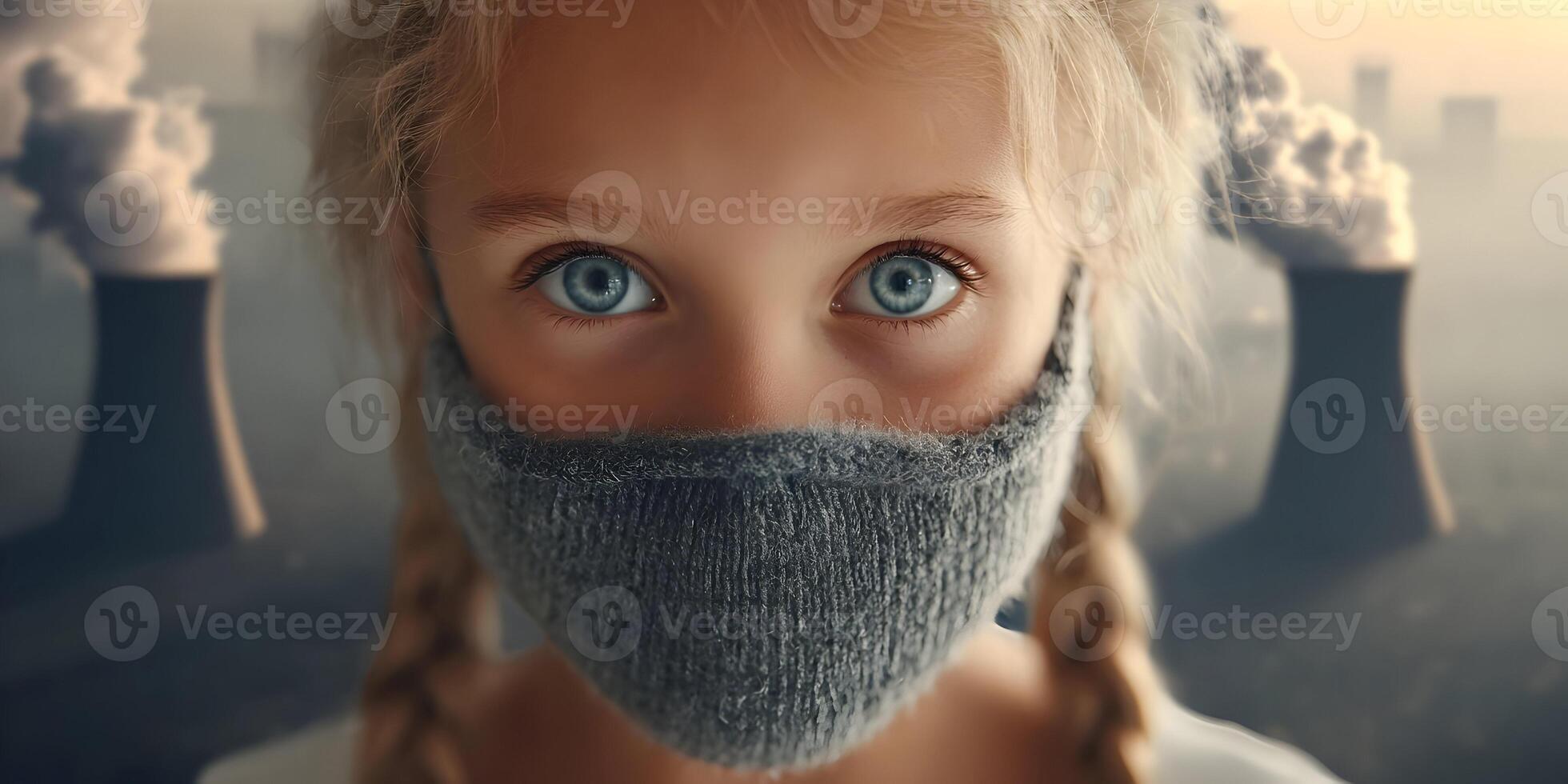 Child Wearing Grey Knit Mask Air Pollution Smog Power Plant photo