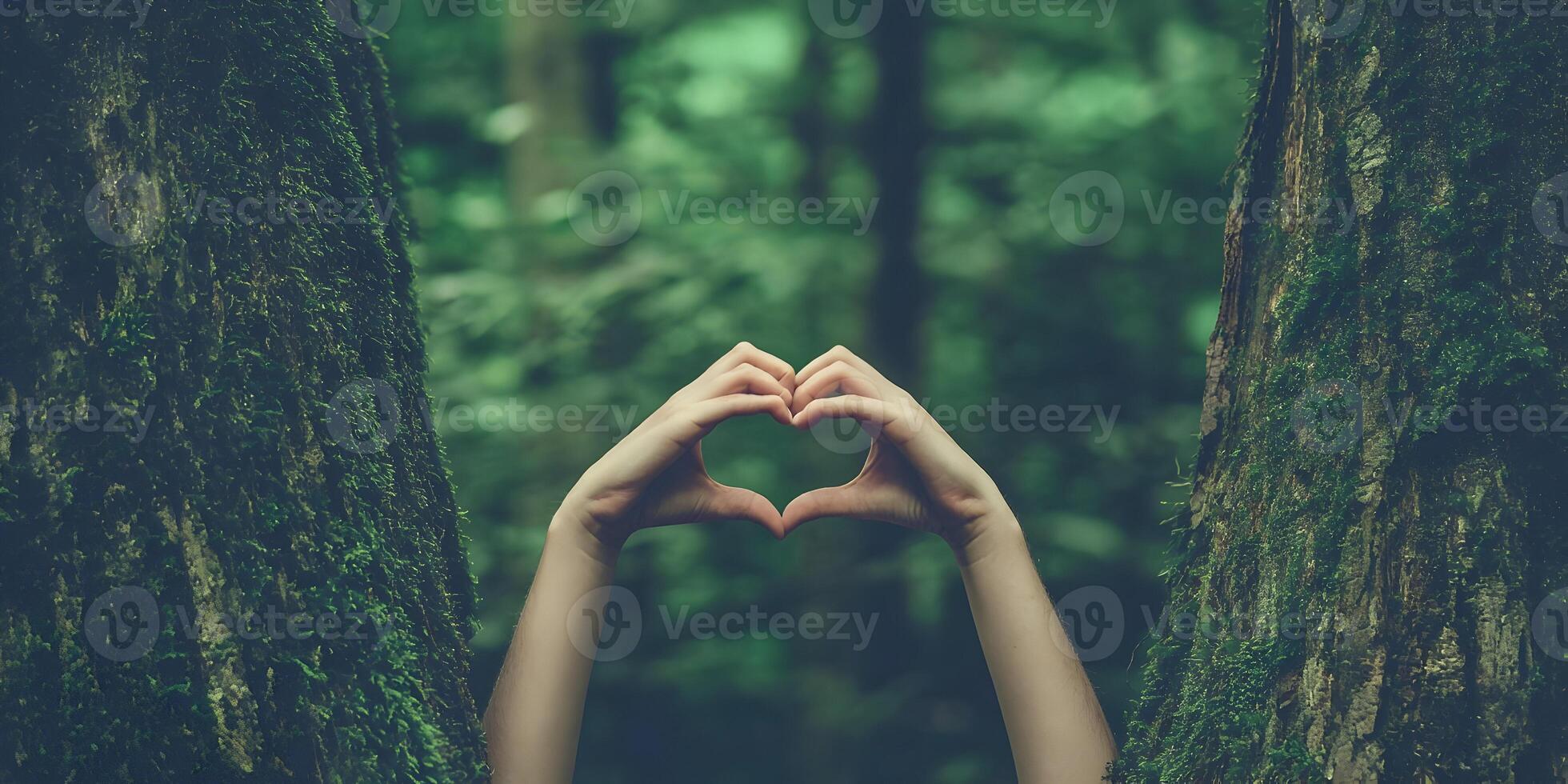 Hands Forming Heart Shape in Mossy Forest Nature Love Environment photo