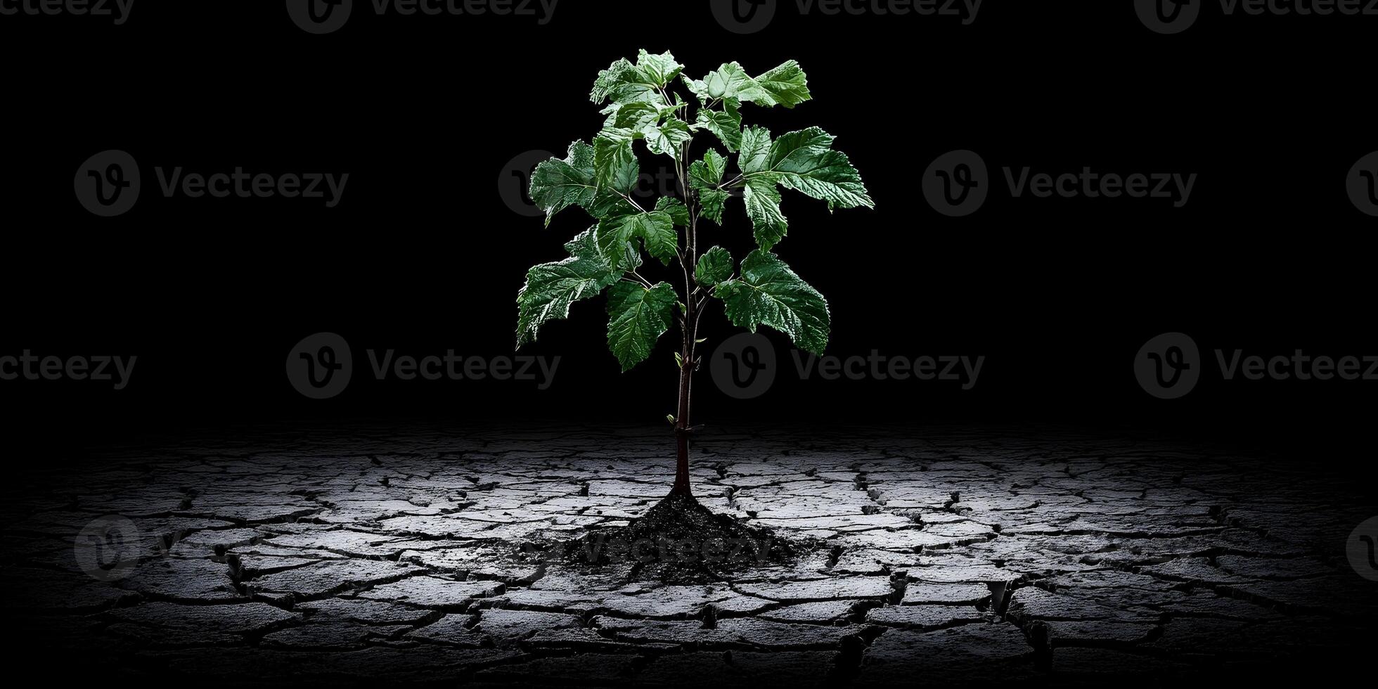 Small Plant Growing in Dry Cracked Earth Dark Background photo