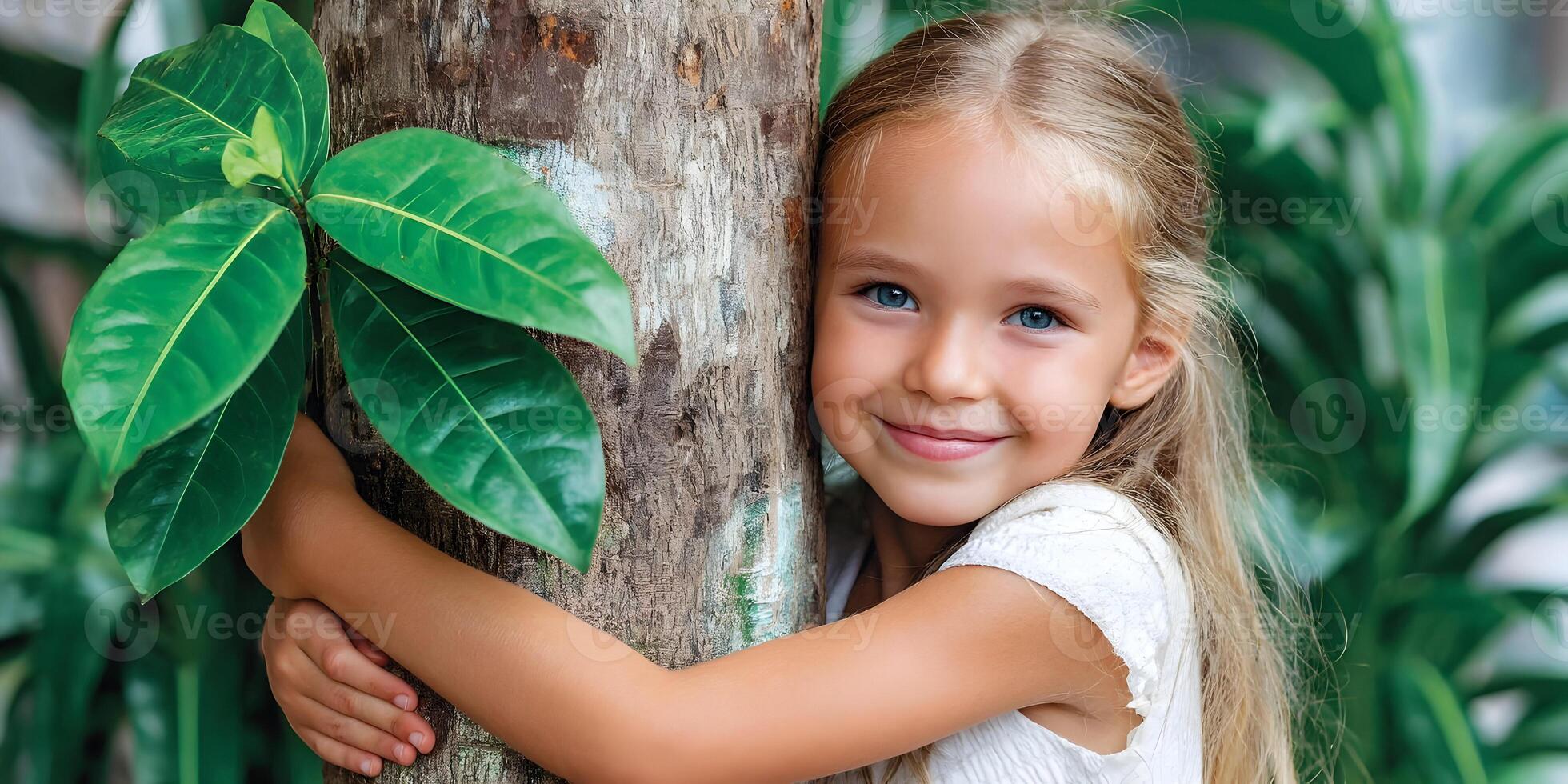 Adorable Little Girl Hugging Tree Trunk Surrounded by Lush Green Tropical Foliage photo