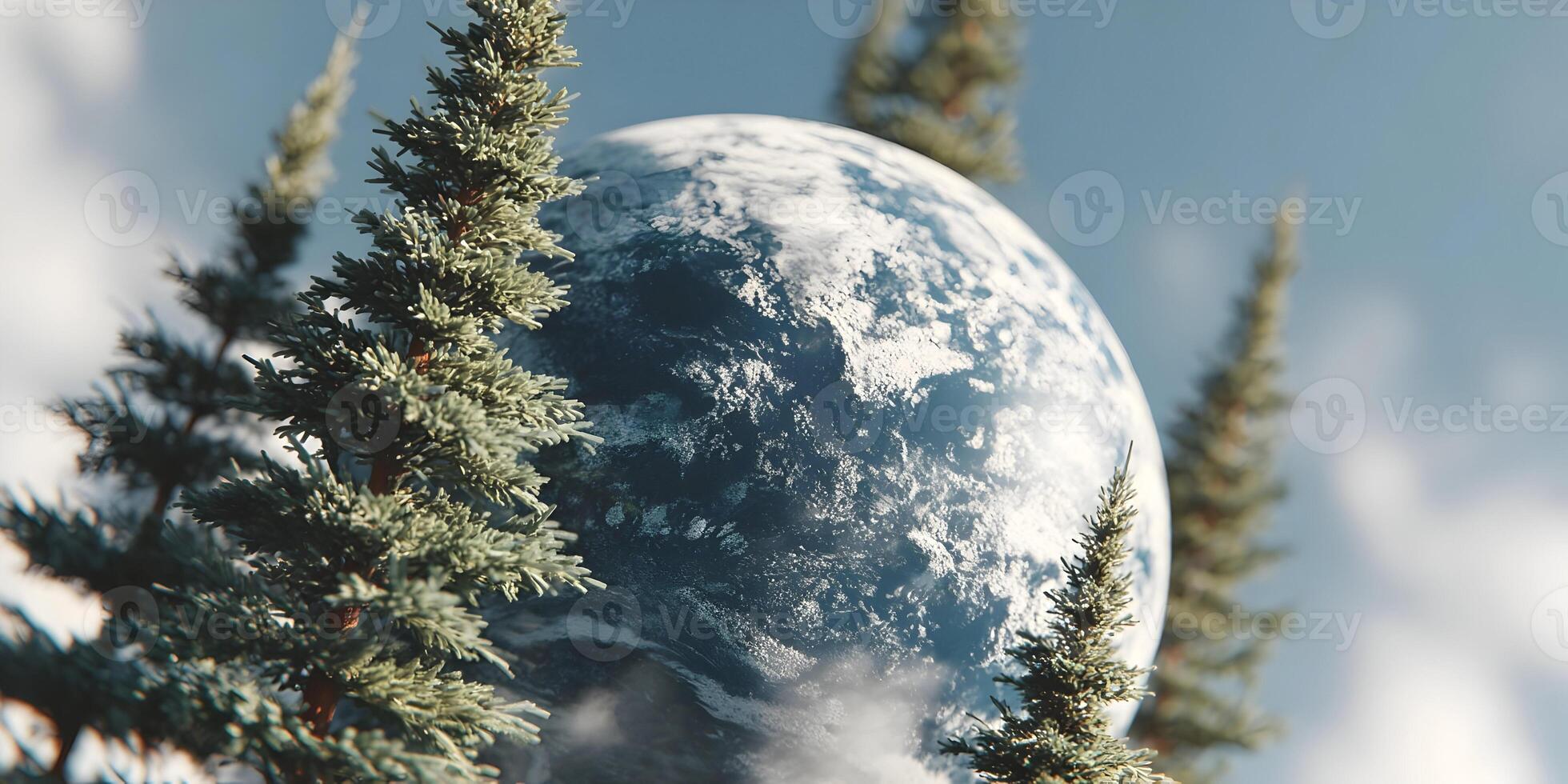 Earth Globe Surrounded by Pine Trees Cloudscape Scene photo