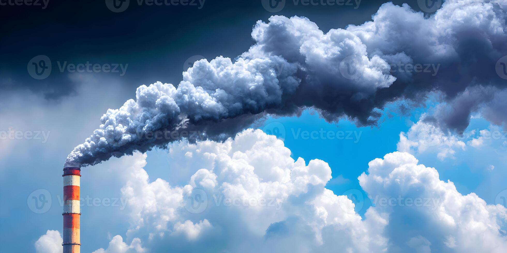 Industrial Smokestack Pollution Dark Smoke Plumes Against Blue Sky White Clouds photo
