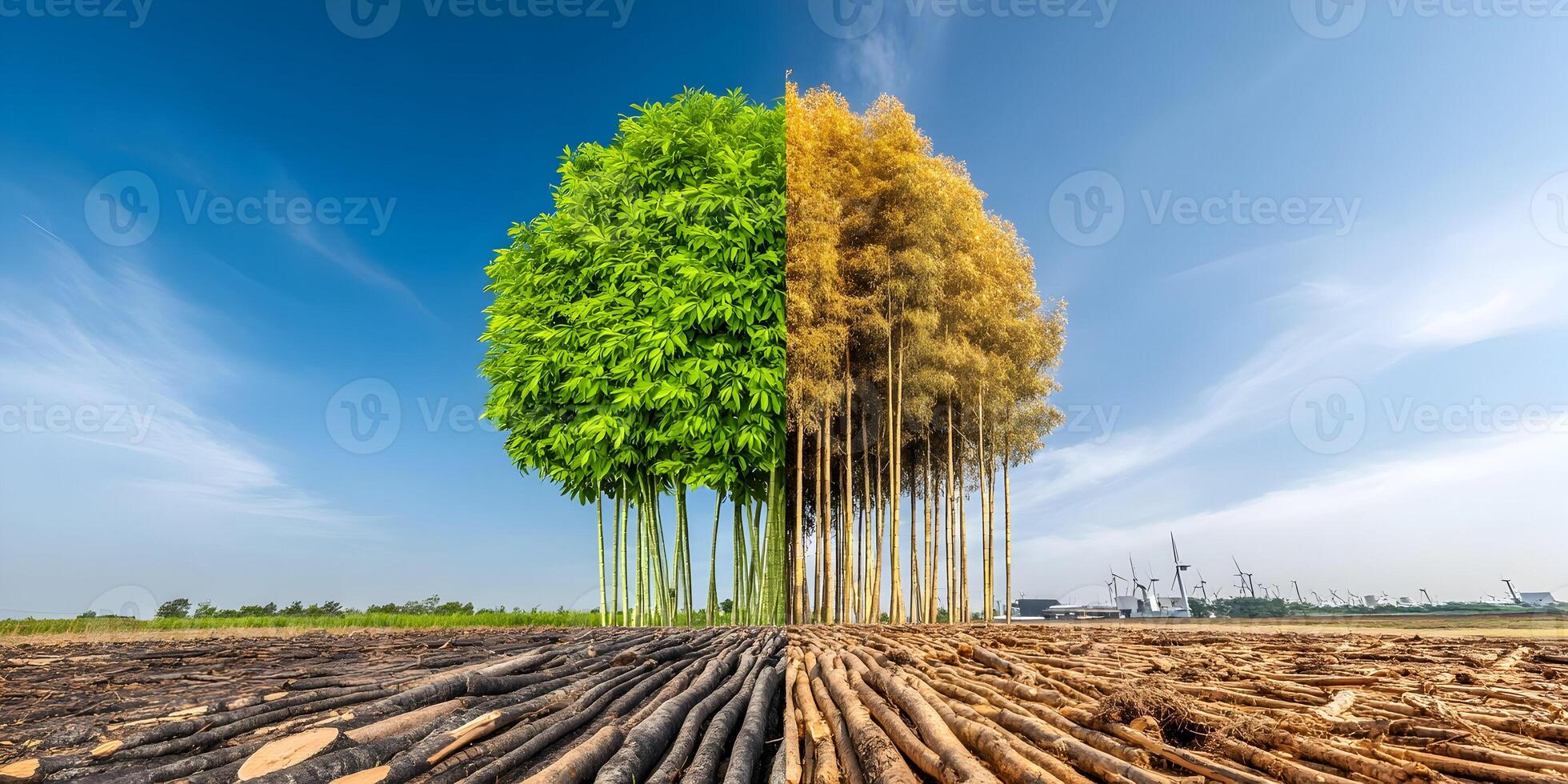 Lush Green Trees versus Dried Trees Deforestation Environmental Concept photo