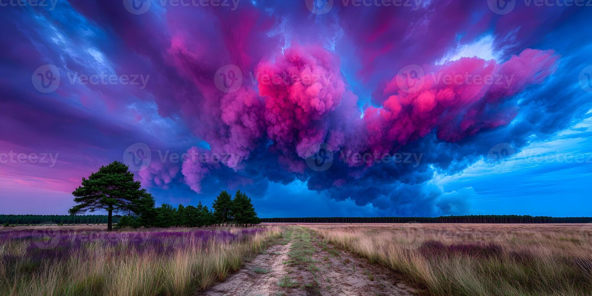 Pink and Blue Dramatic Cloudscape over Grassy Field with Trees photo