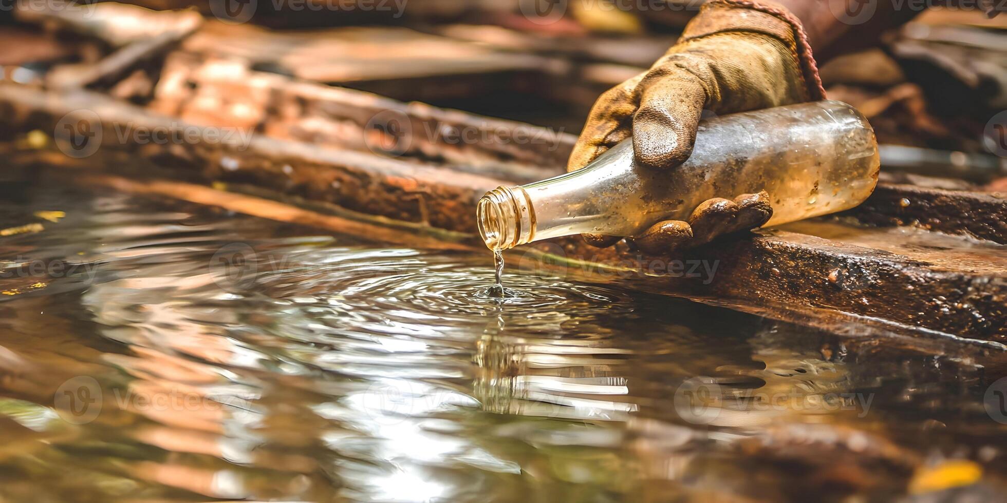 Person pouring liquid from bottle into water wooden container outdoors photo