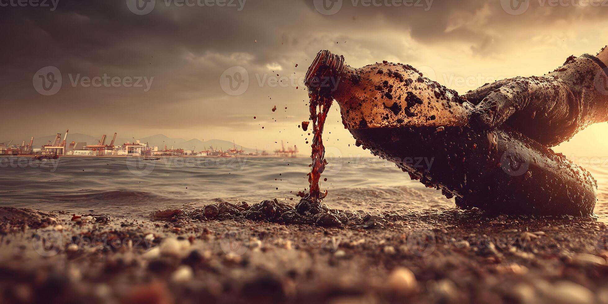 Oil Spill Pollution Contaminated Bottle Sea Shore Industrial Background photo