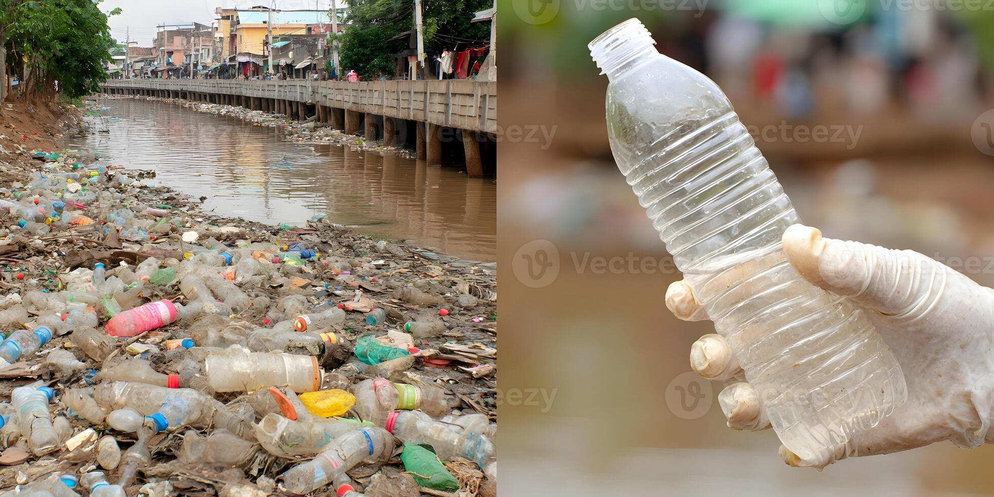 Plastic Pollution in Urban Canal Water Bottle in Hand photo