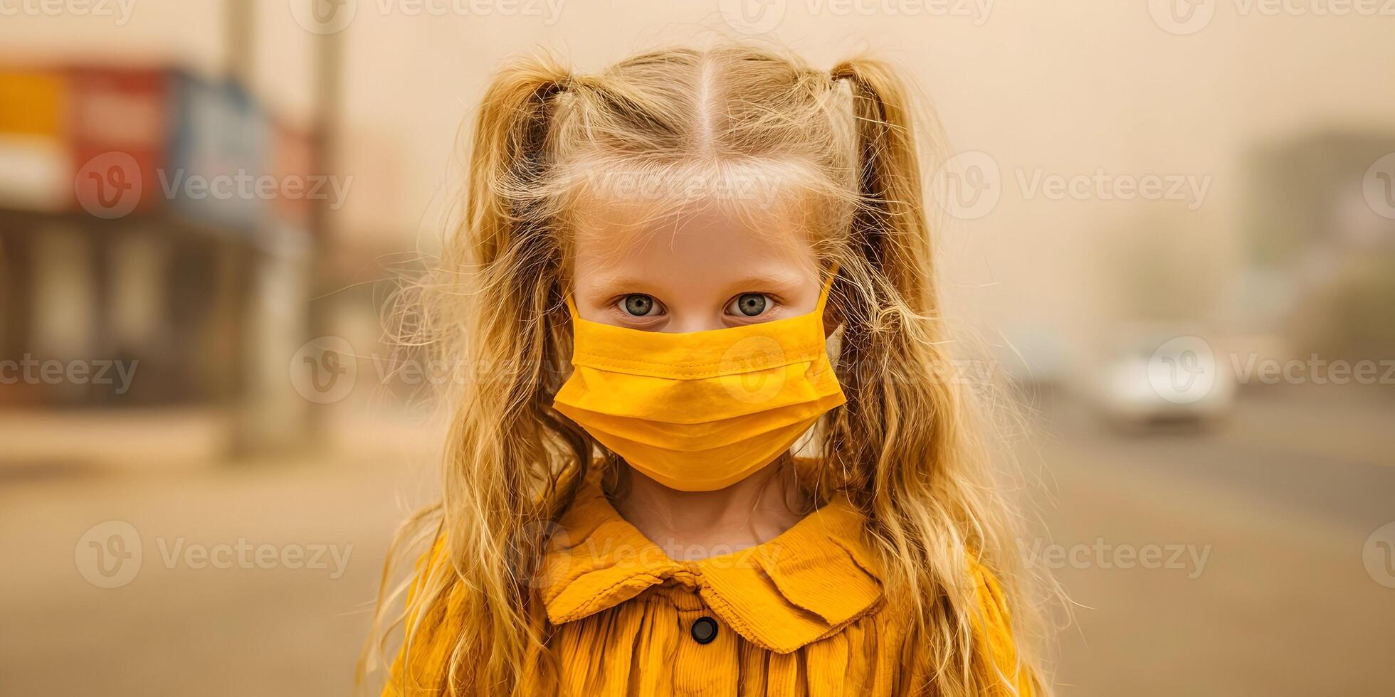 Little Girl Wearing Yellow Protective Face Mask Outdoors photo