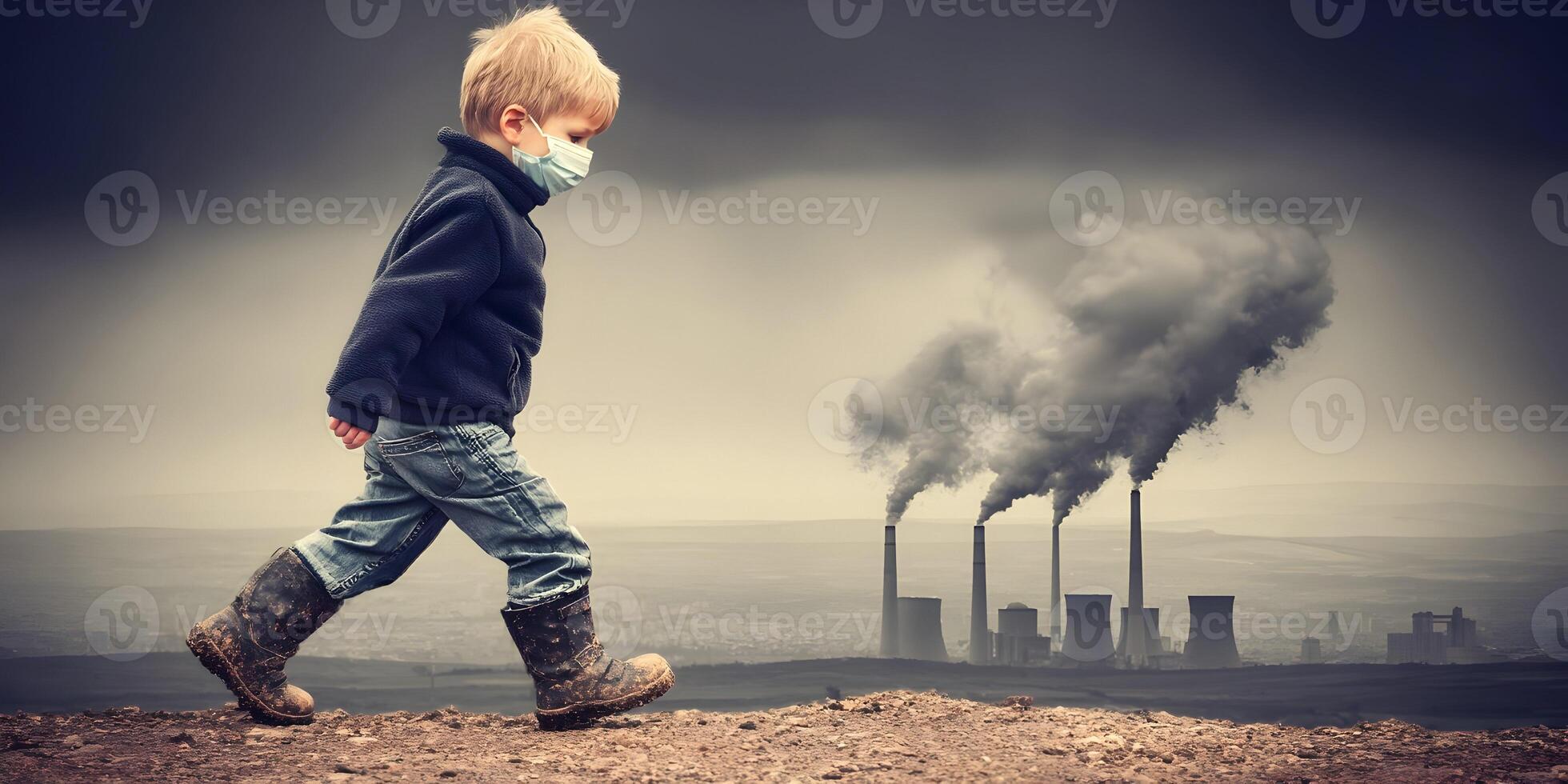 Child Wearing Protective Mask Walking Away From Industrial Smog Air Pollution photo
