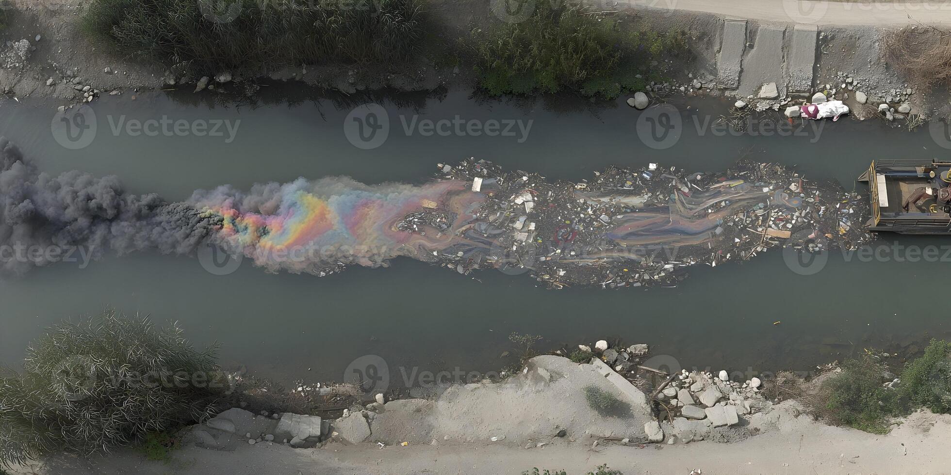 Aerial View Rainbow Smoke Pollution River Garbage Cleanup photo