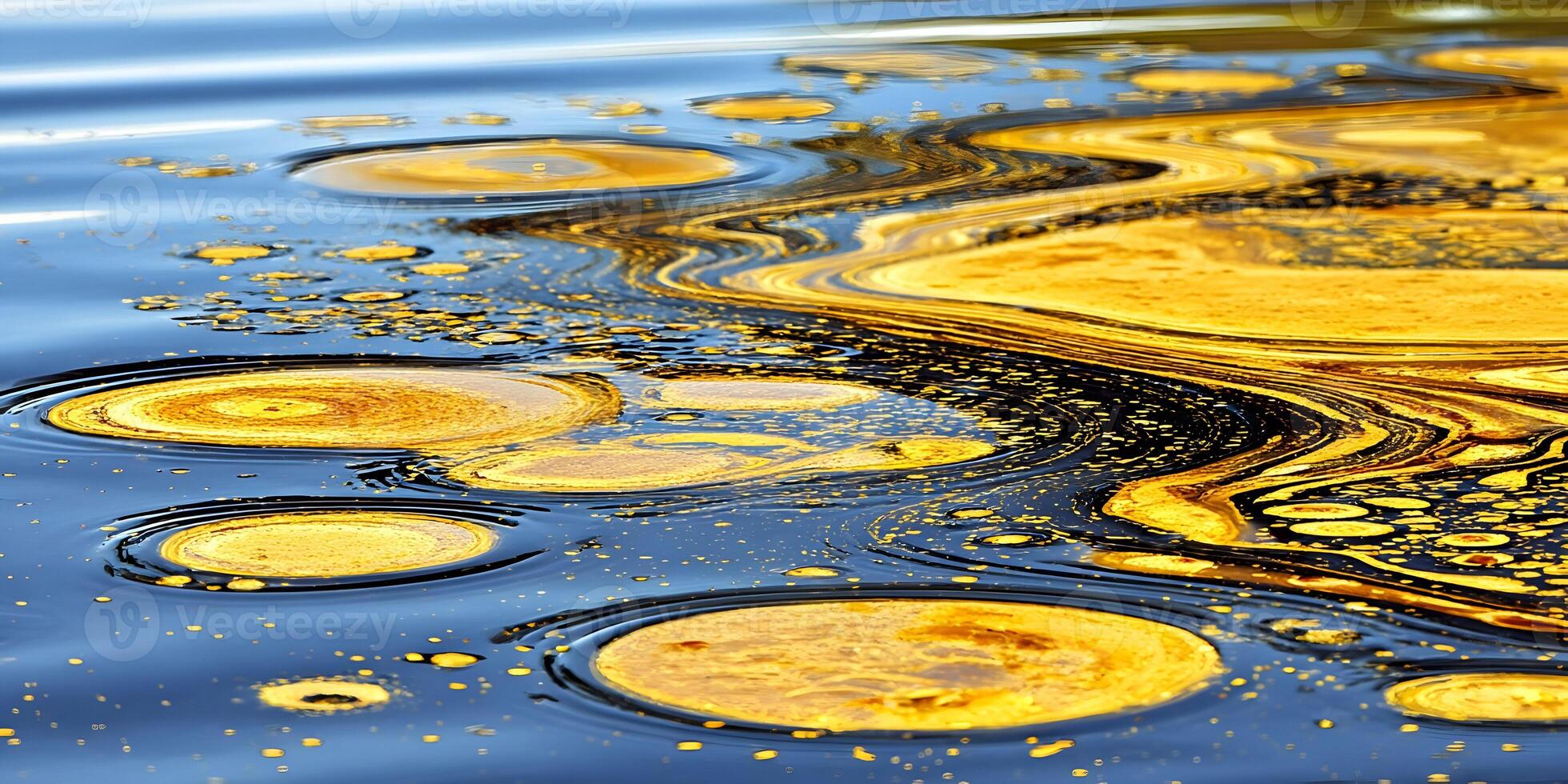 Abstract Golden Oil Bubbles on Dark Blue Water Surface Swirls photo