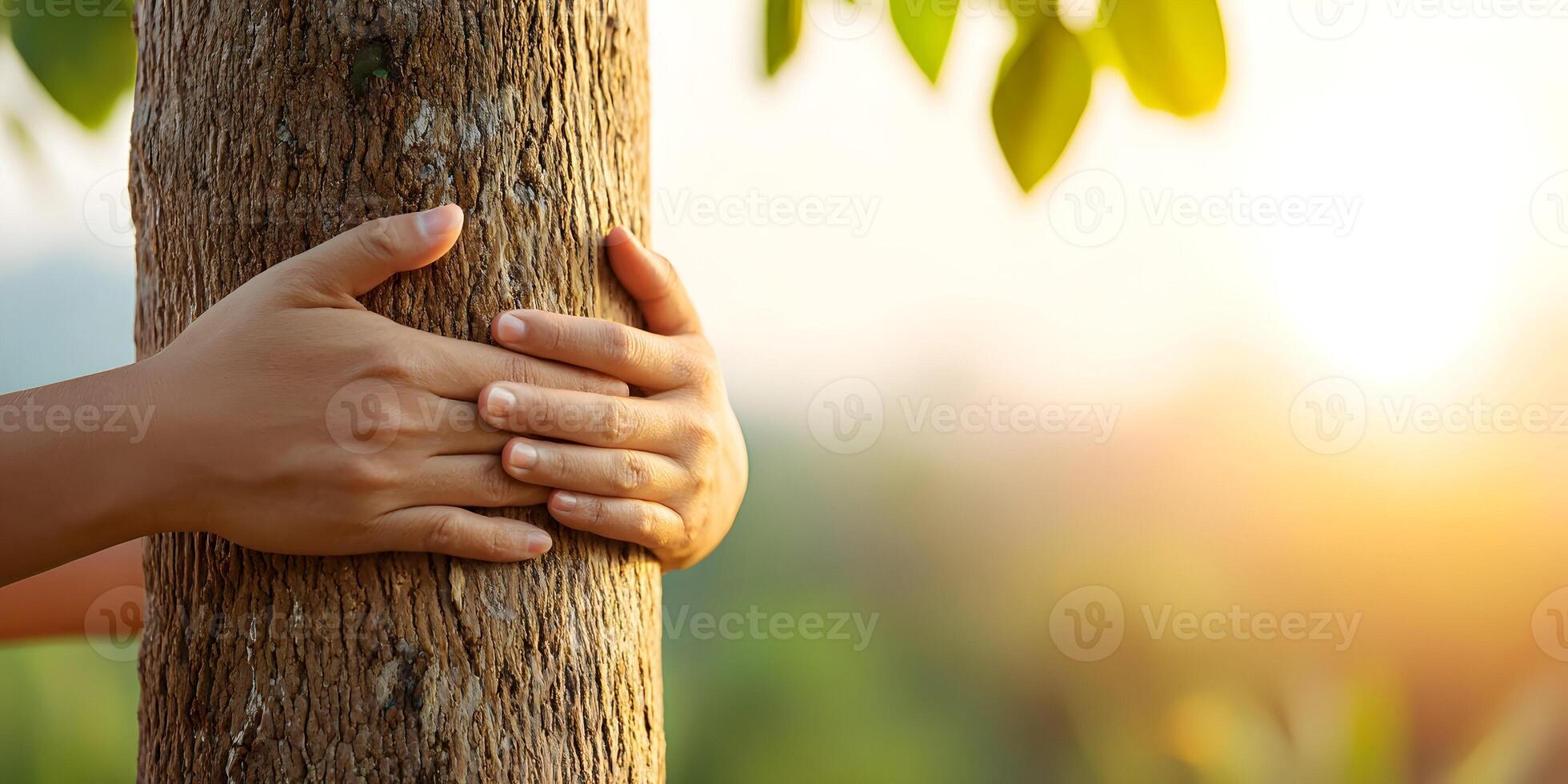 Woman Hands Hugging Tree Trunk Nature Eco Friendly Environment photo