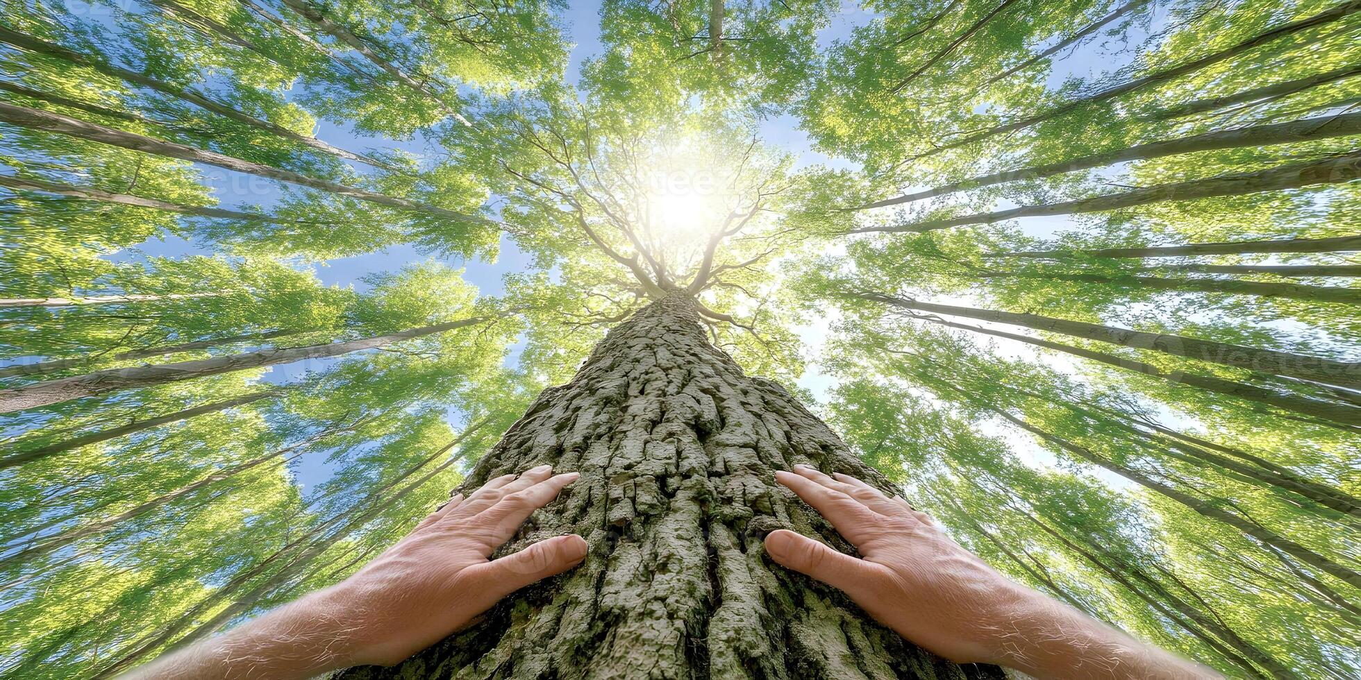Two Hands Touching a Large Tree Trunk in a Lush Forest with Sunlight photo