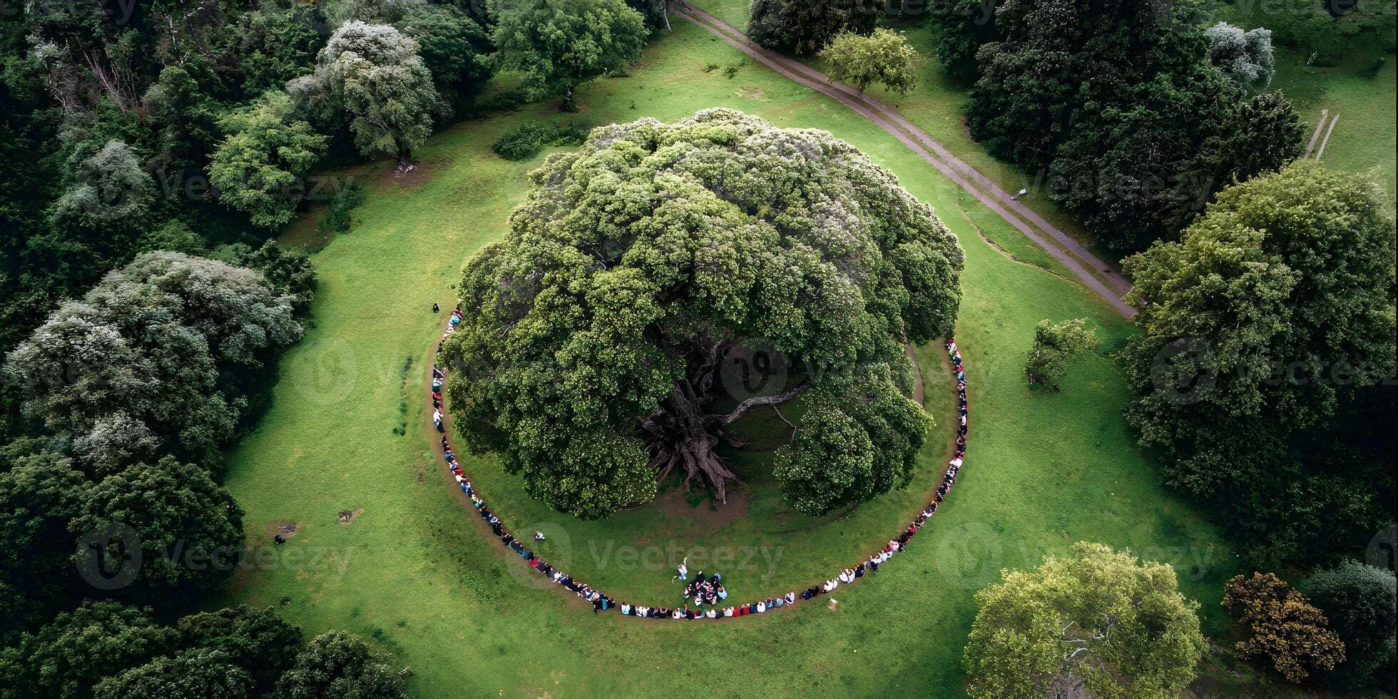 Aerial View of People Sitting Around Large Tree in Park photo