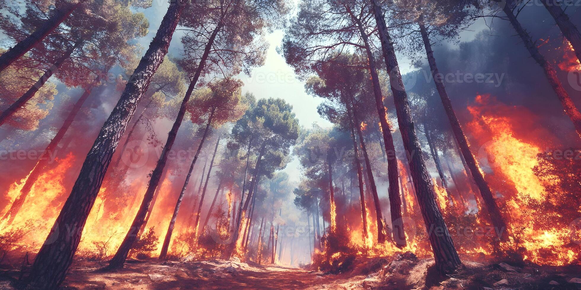 Wildfire Burning Through Pine Tree Forest Intense Flames and Smoke photo