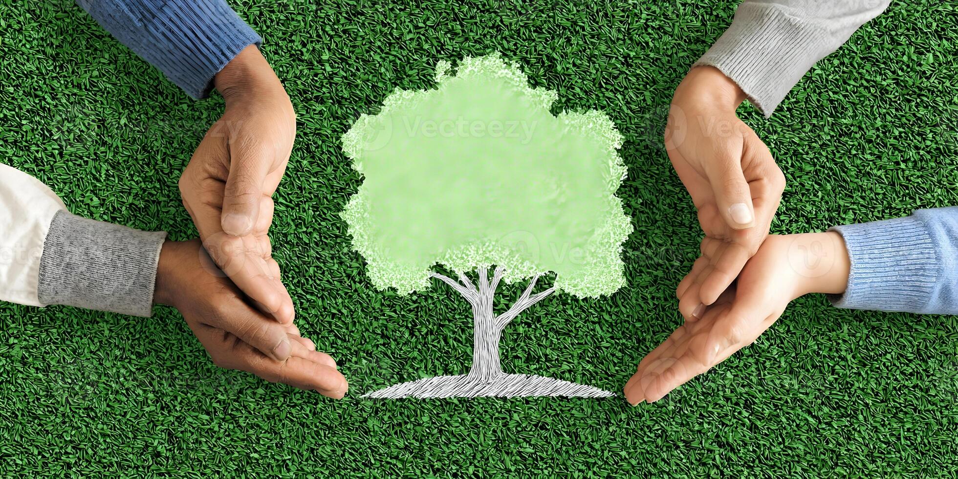 Three Diverse Hands Protecting a Drawn Tree on Green Grass Environmental Conservation Teamwork Concept photo