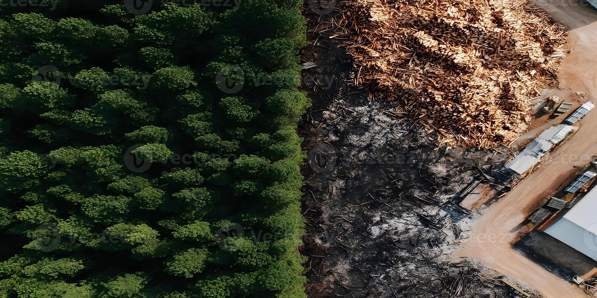 Aerial View of Forest Deforestation and Wood Processing Plant Lumber Pile photo