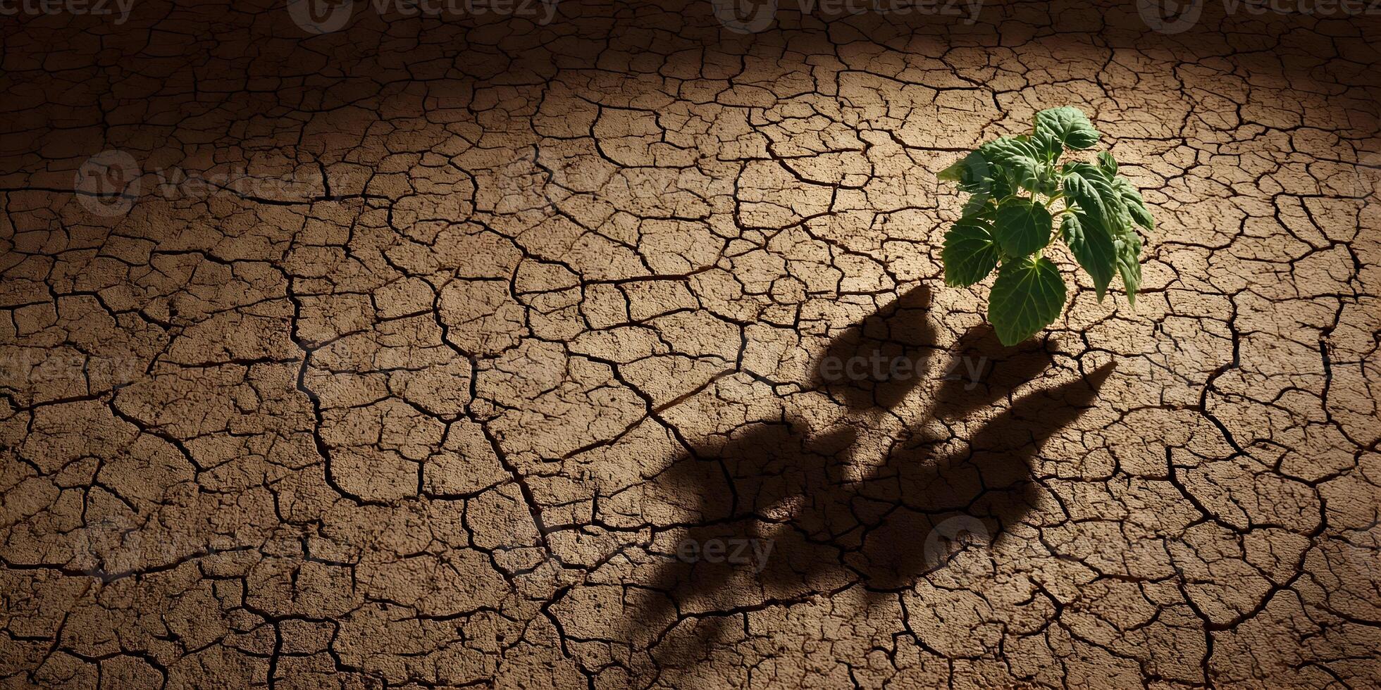 Small Plant Sprouting in Dry Cracked Earth Drought Concept photo