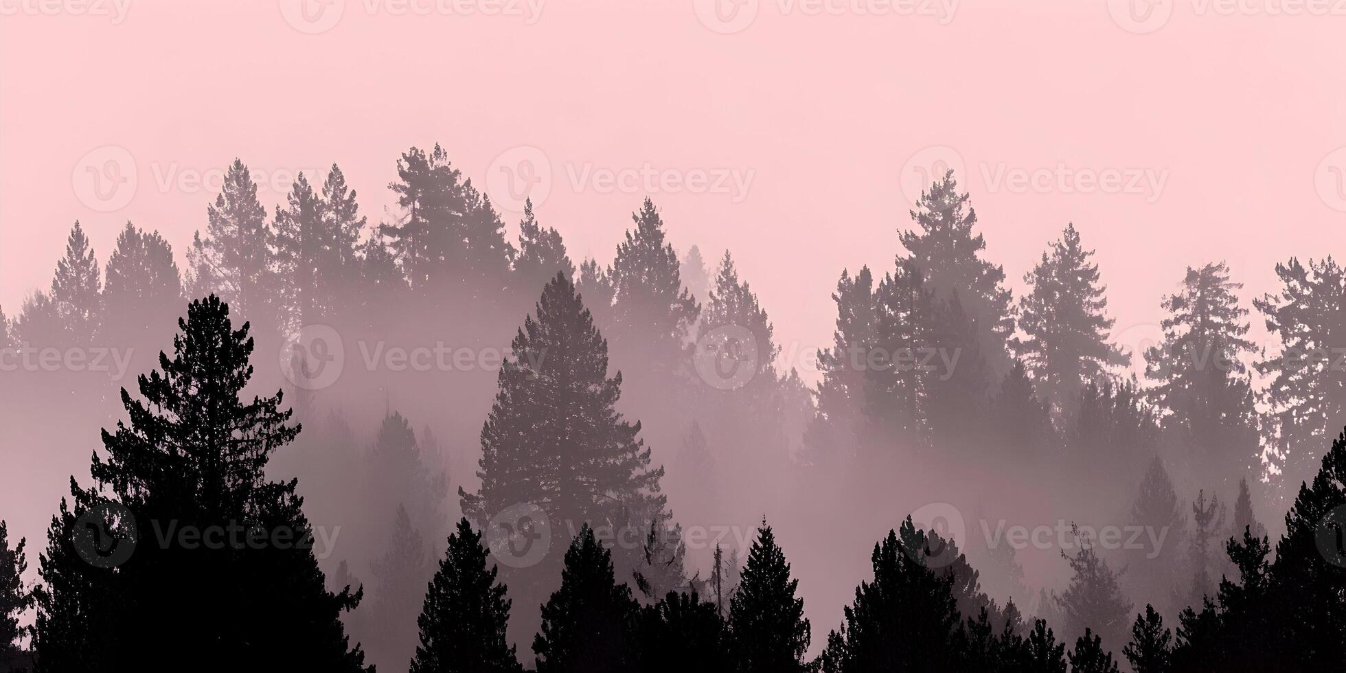 Misty Forest Silhouette Pink Sky Pine Trees Landscape photo