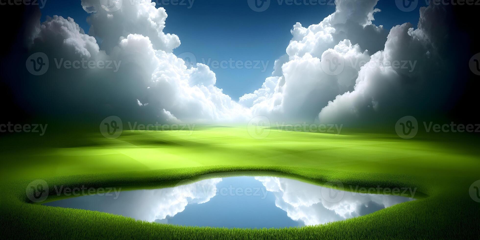 Serene Landscape Green Field Blue Sky Clouds Reflection Pond photo