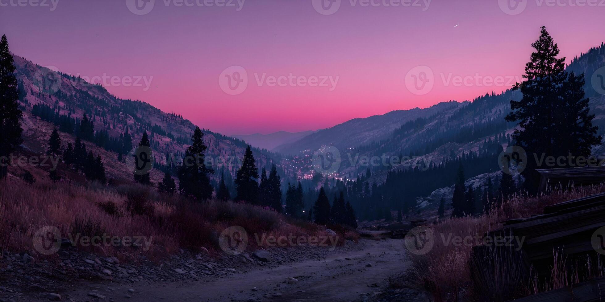 Mountain Valley Night Scene Pink Sky Dirt Road Town Lights photo