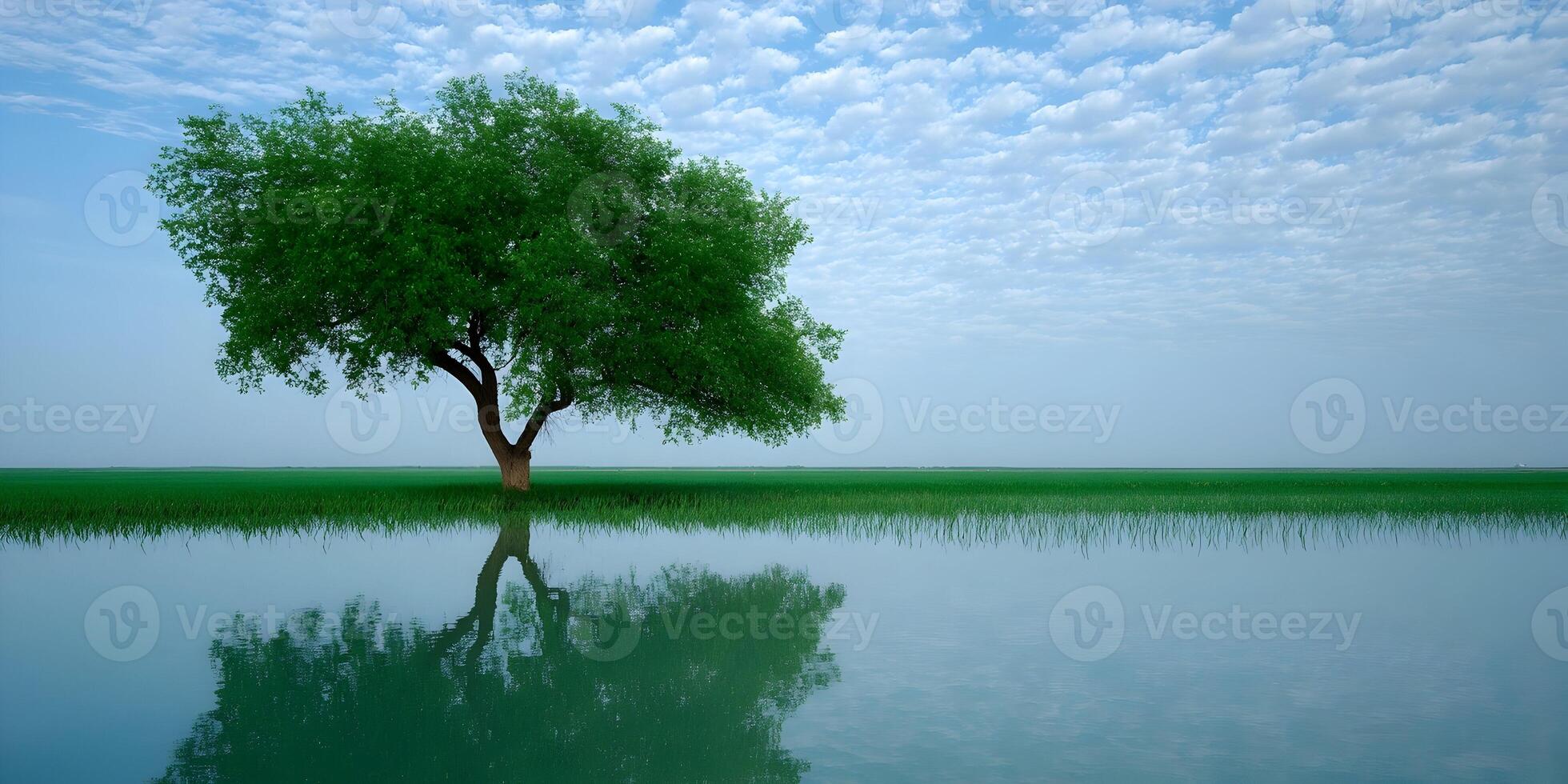 Single Green Tree Reflection in Calm Water Green Field Blue Sky photo
