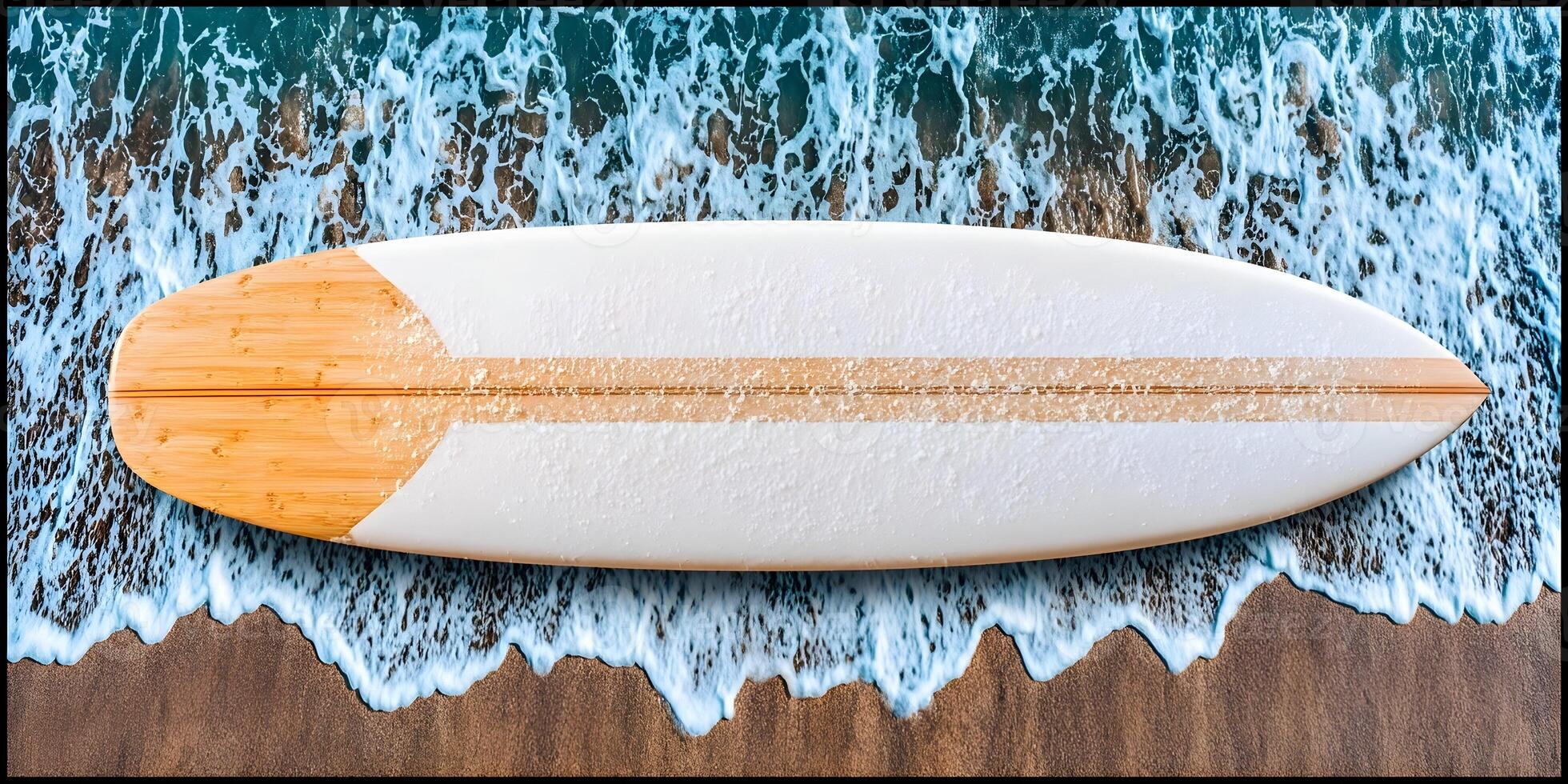 Top View Bamboo Surfboard on Sandy Beach with Waves photo