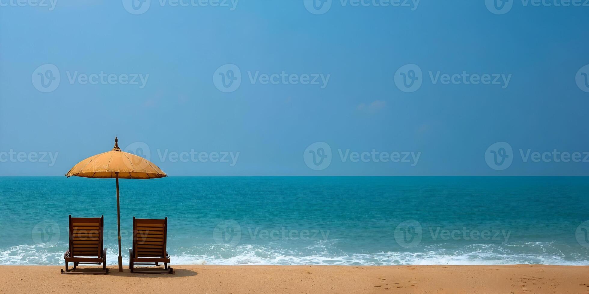 Two Wooden Beach Chairs Under Yellow Parasol on Sandy Beach Ocean View photo