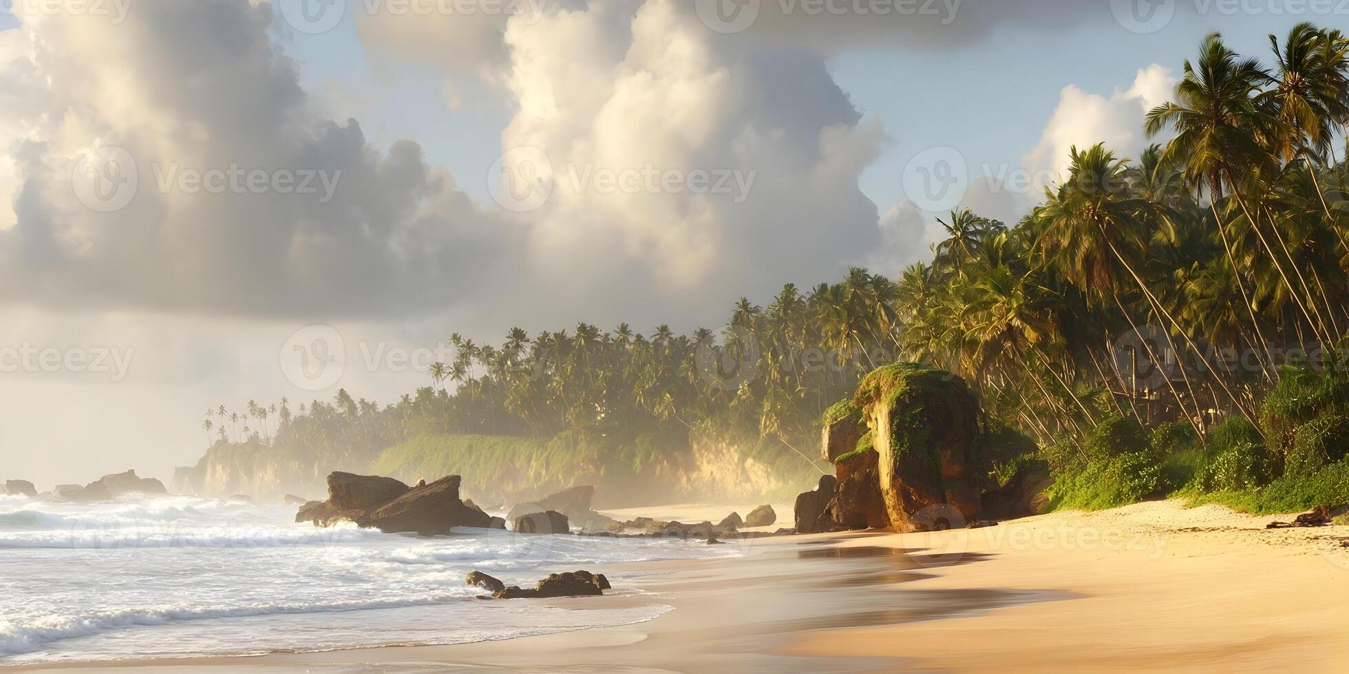 a beach with palm trees and waves photo