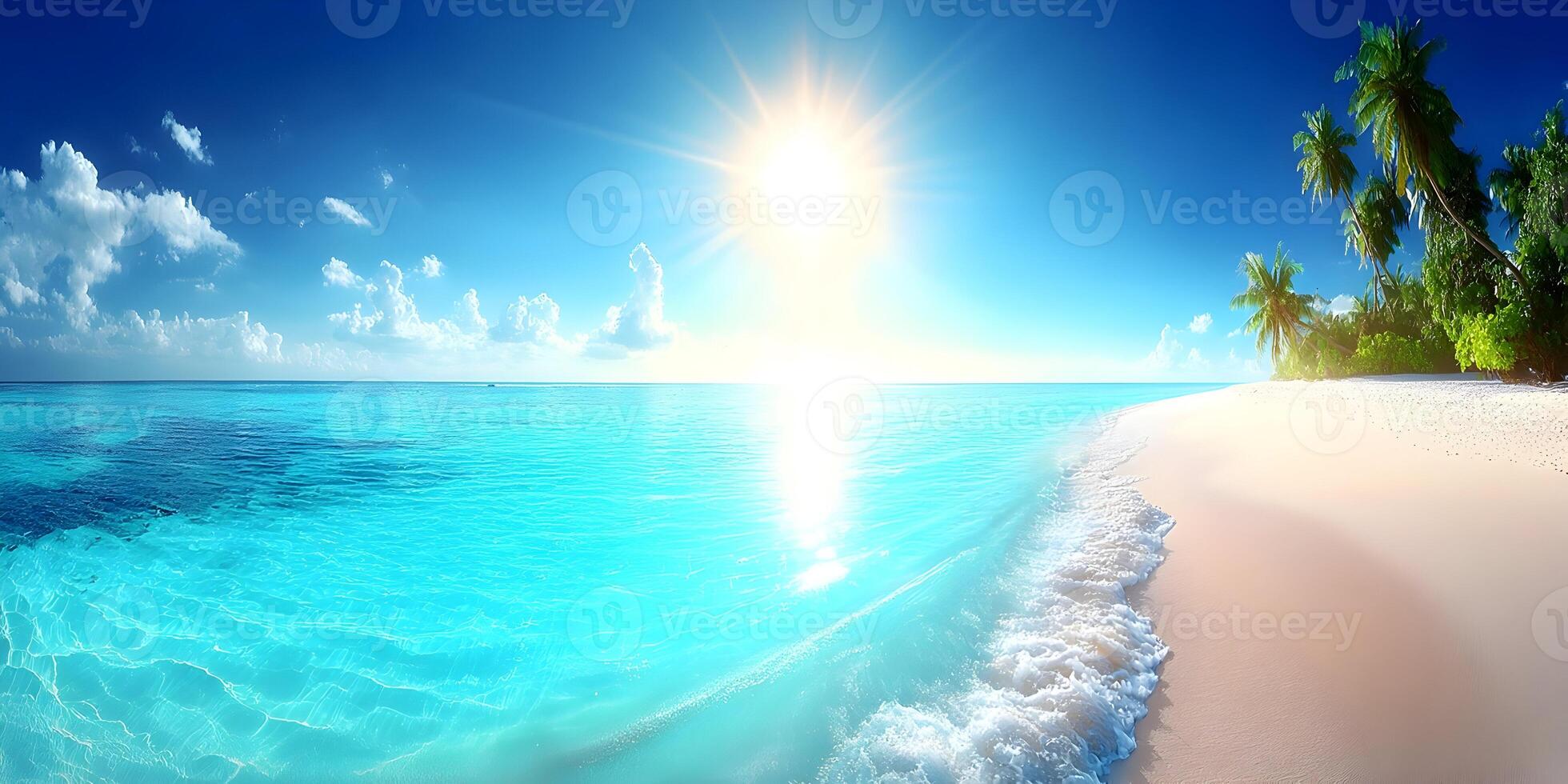 Bright Sunny Day Tropical Beach Scene Clear Ocean Palm Trees White Sand photo