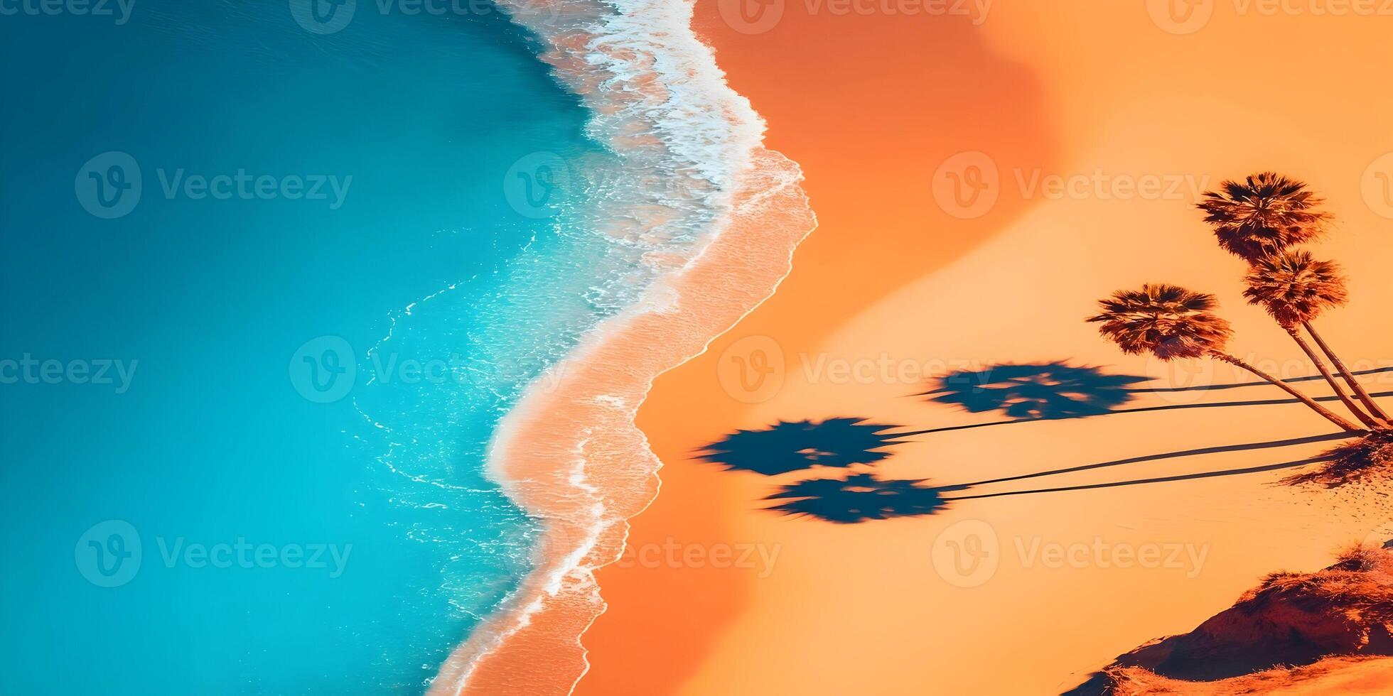 Aerial View Ocean Waves Crashing Orange Sandy Beach Palm Trees Shadows Summer Vacation photo