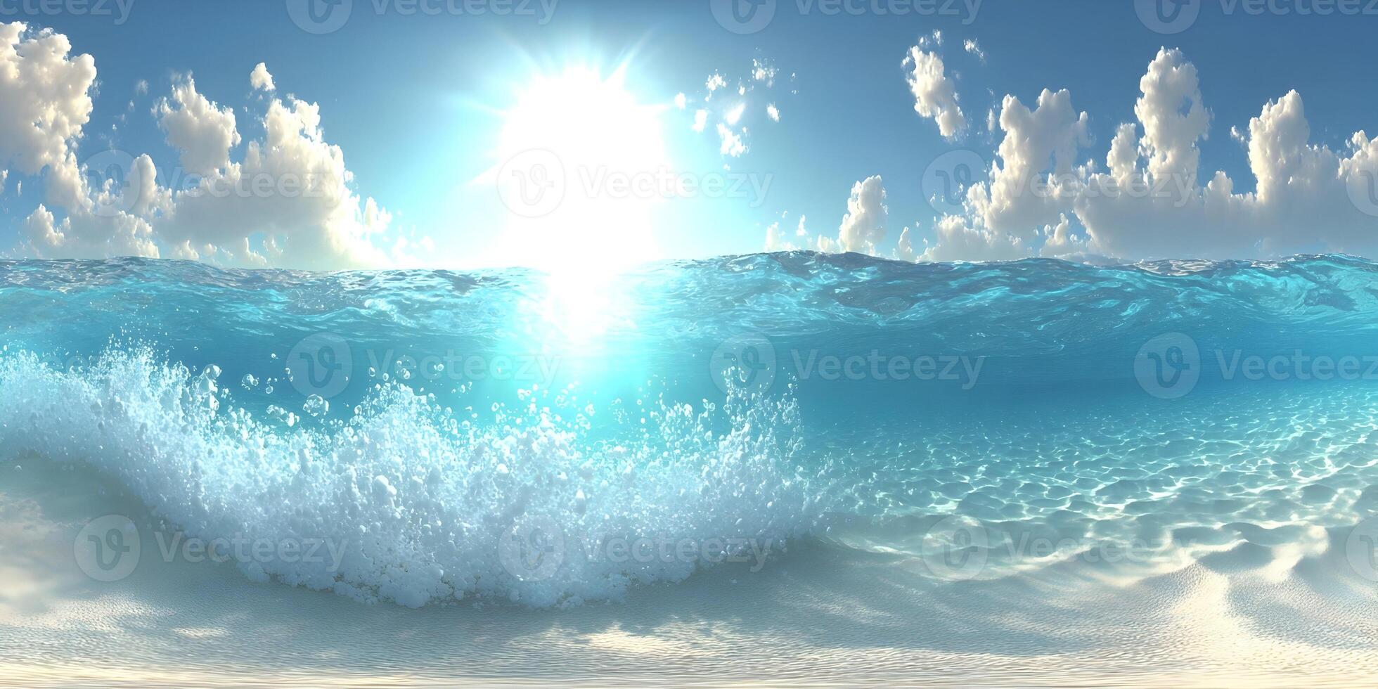 Ocean Wave Breaking on Sandy Beach Sunny Sky 360 Panorama photo